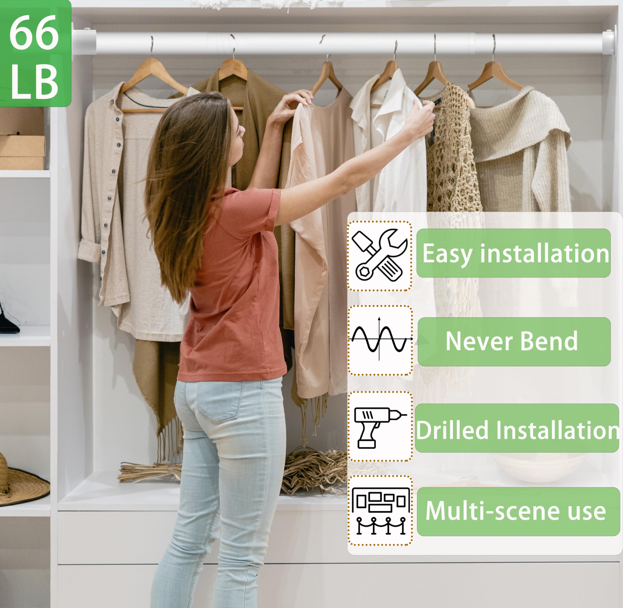 Adjustable Heavy Duty Metal Closet Rod - 17 to 40 Inches Extendable, 1.3 Inch Diameter White Closet Hanging Bar for Wardrobes, Bathrooms & Windows - Perfect for Organizing Clothes, Curtains & Home Storage