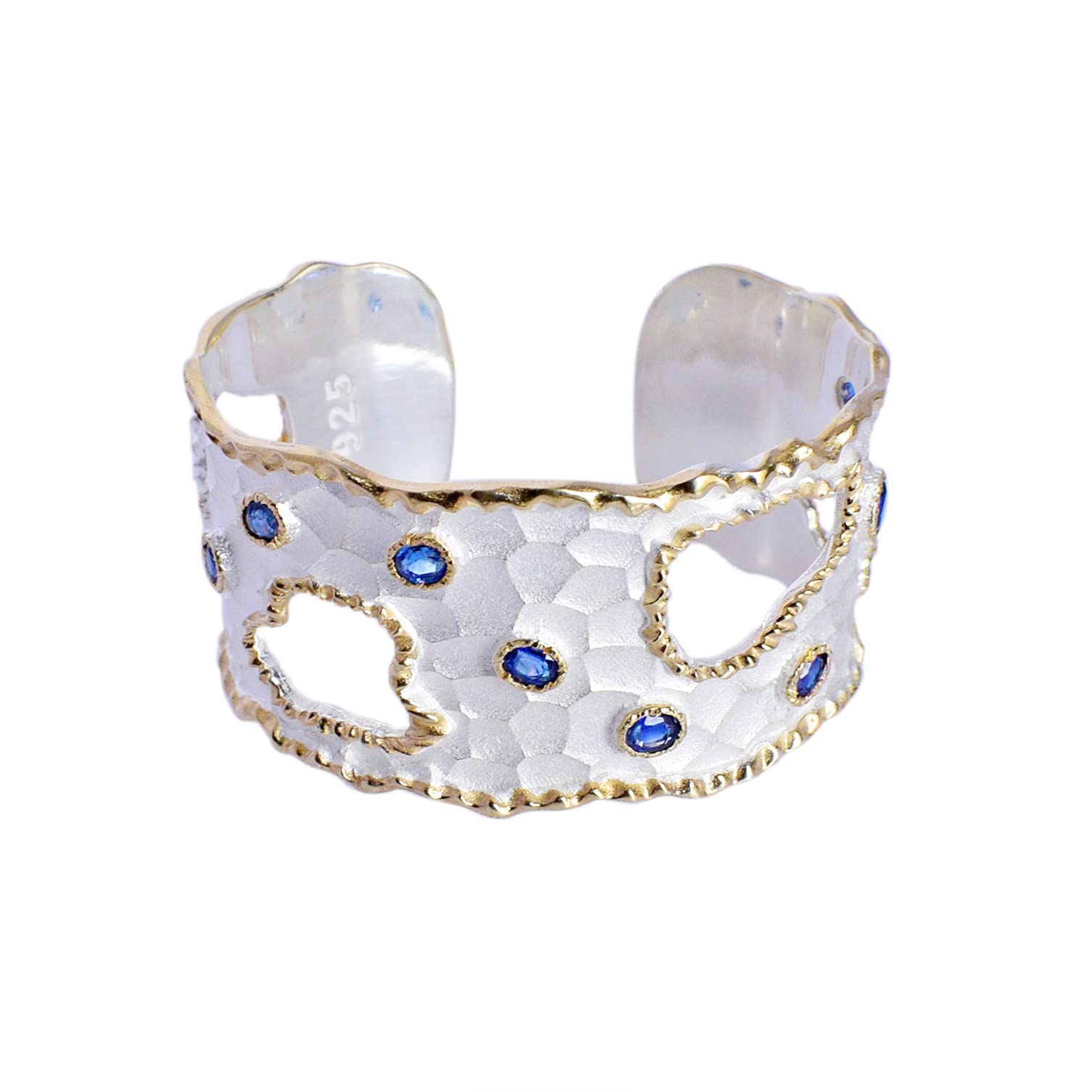 Kyanite & CZ Gemstone 925 Sterling Silver Cuff Bangle - Handmade Jewelry Gift for Women, Elegant Bracelet for Birthday, Anniversary & Special Occasions