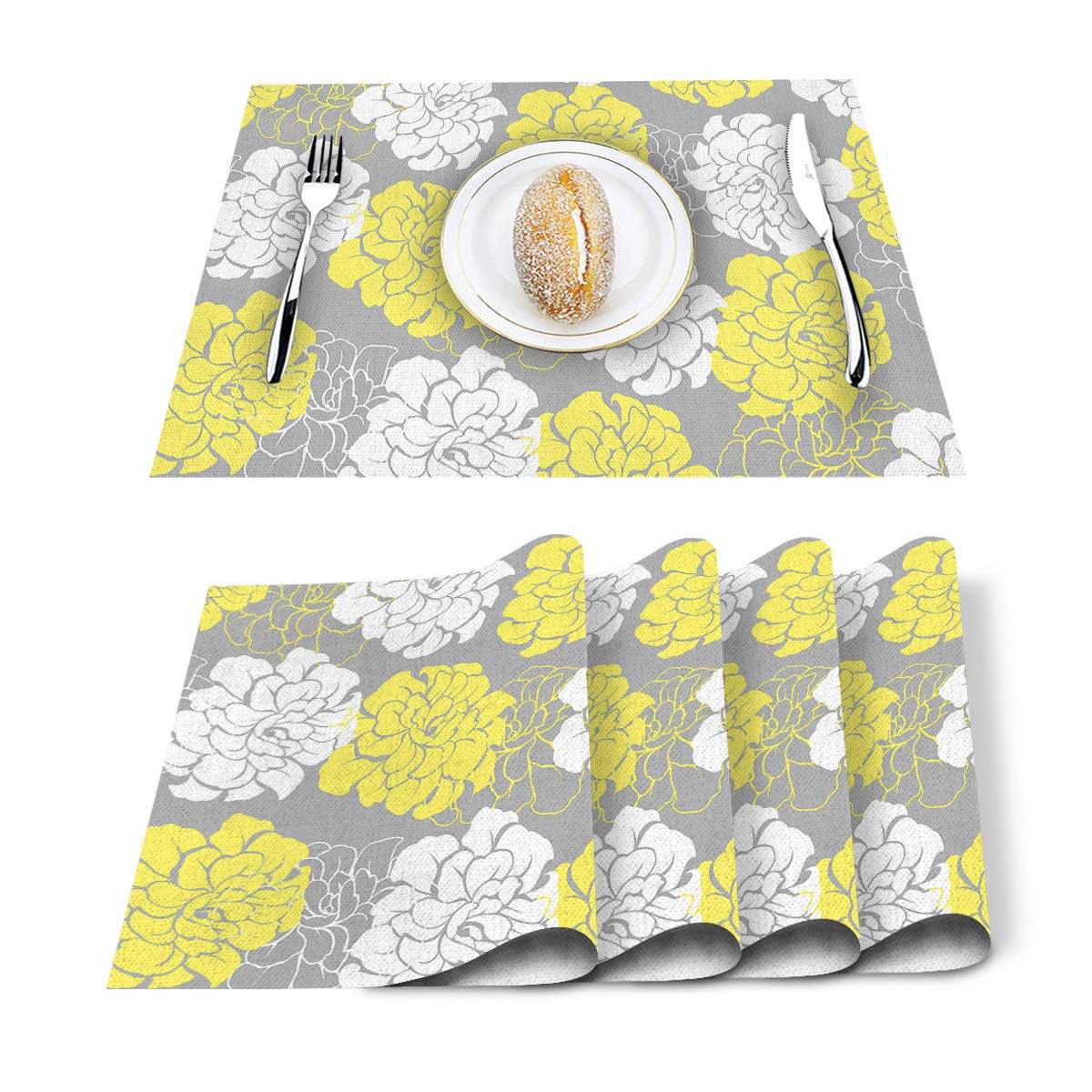 Peony Flower Floral Placemats Set of 4 - Yellow Cotton Linen Heat Resistant Table Mats, Non-Slip Washable Kitchen Dining Mats for Holiday Banquet & Home Decor - Perfect for Thanksgiving, Christmas, and Everyday Use