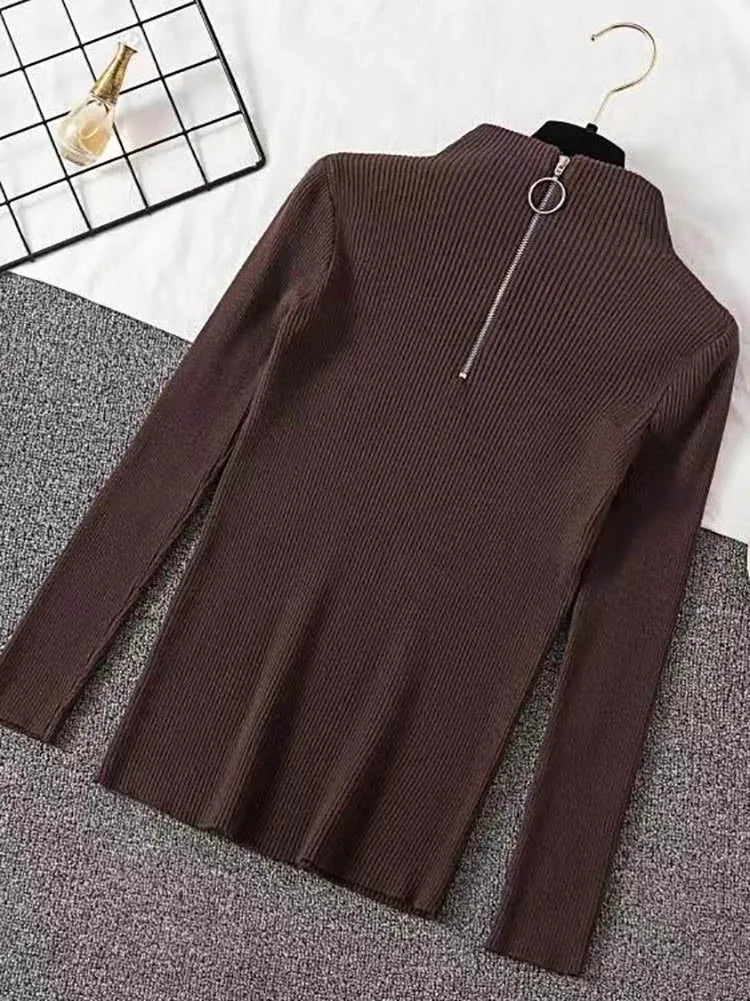Vintage Solid Knitted Long Sleeve Zip-Up Half Turtleneck Sweater for Women - Cozy Winter Pullover for Casual Outfits & Office Wear