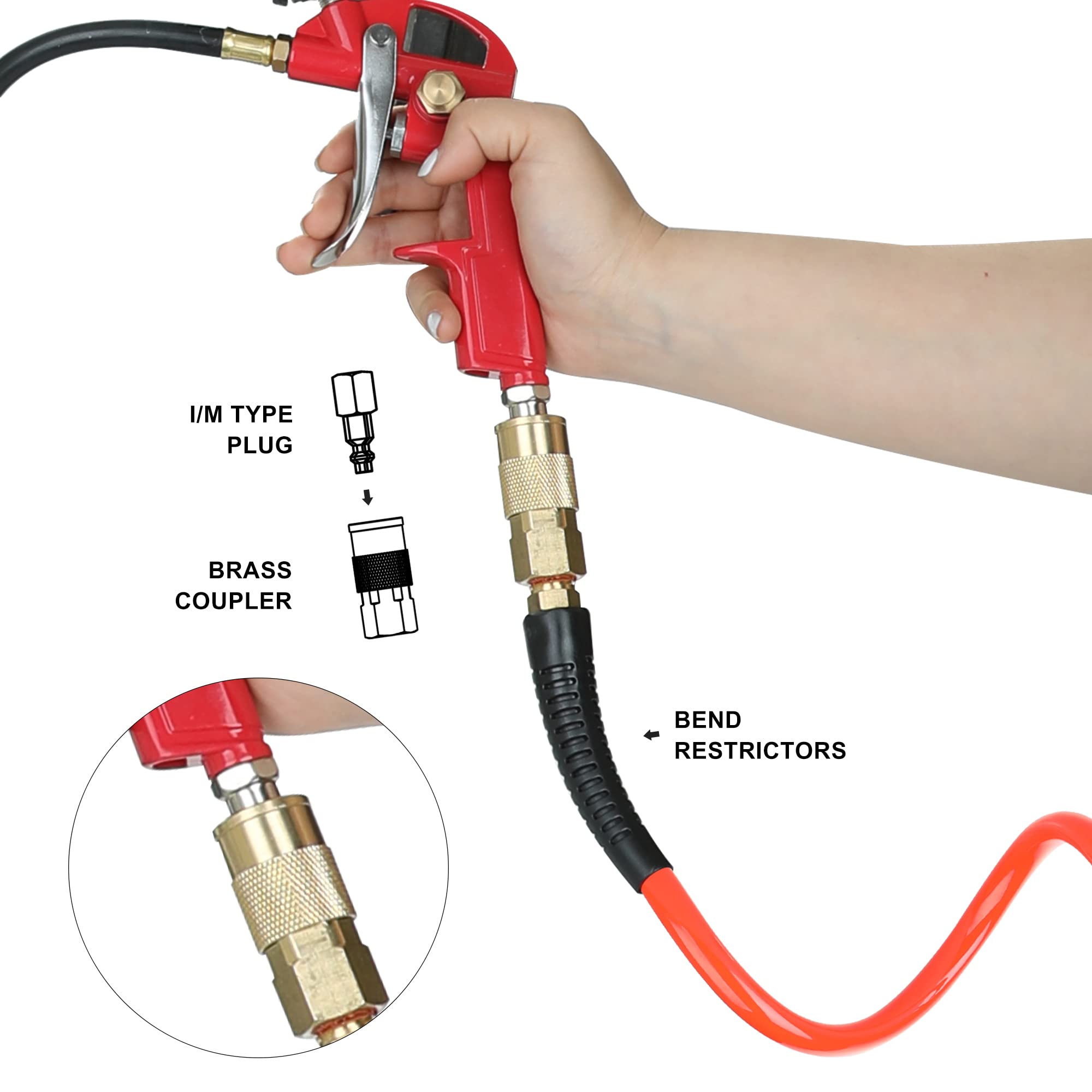 1/4-Inch x 20 Feet Polyurethane Air Hose with Bend Restrictors - Industrial Grade Recoil PU Air Compressor Hose with 1/4