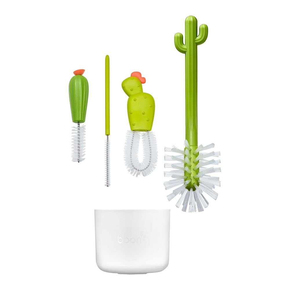 Boon Cacti Baby Bottle Cleaning Brush Set - 4-Piece Kit with Bottle Brush, Nipple Brush, Detail Brush & Straw Brush - Perfect for Drying Rack & Sterilizer - Essential Newborn Feeding Accessories for Breastmilk & Formula Bottles