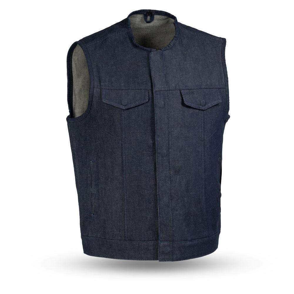 Men's Lightweight Collarless Denim Vest - Navy Blue Biker Jacket for Casual Wear | Unlined Rough Haywood Style for Motorcycle Riders & Street Fashion