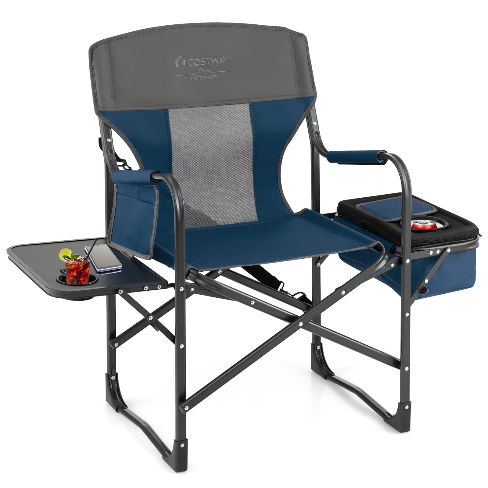 COSTWAY Heavy-Duty Folding Camping Chair with Side Table & Cooler Bag - 400lbs Capacity Portable Director Chair for Adults, Outdoor Fishing Picnic, Beach Party, and Camping Trips
