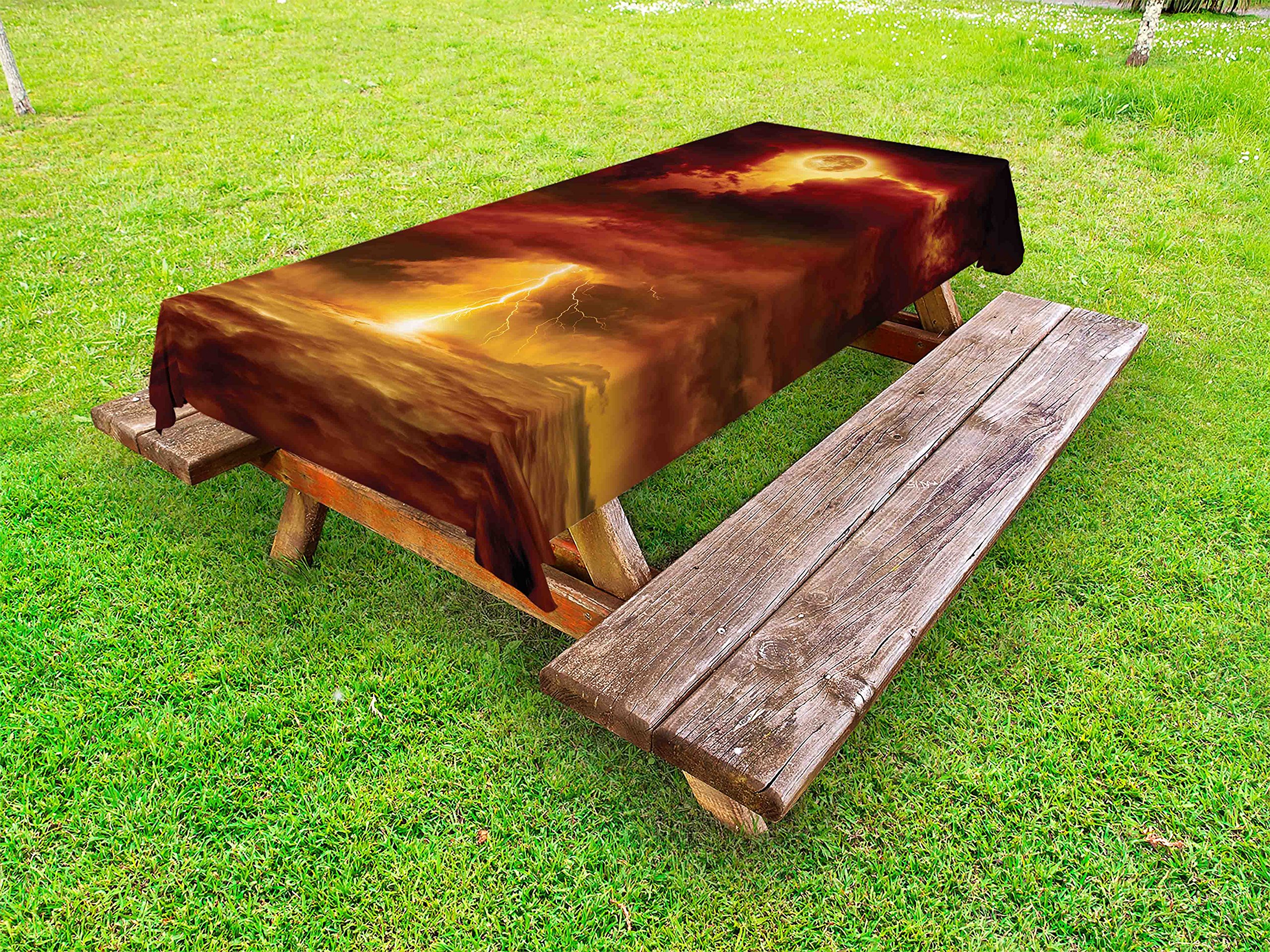 Ambesonne Waterproof Outdoor Tablecloth - Apocalyptic Storm Beams & Full Moon Design, Washable Picnic Table Cover 58x120 Inches - Perfect for Halloween Parties, Camping, and Themed Events (Orange/Yellow)