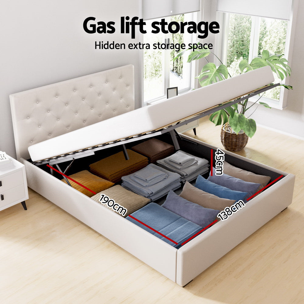 Dorilla Gas Lift Storage Double Bed Frame with Hydraulic Mechanism - Beige Upholstered Platform Bed for Guest Room, Bedroom & Small Spaces