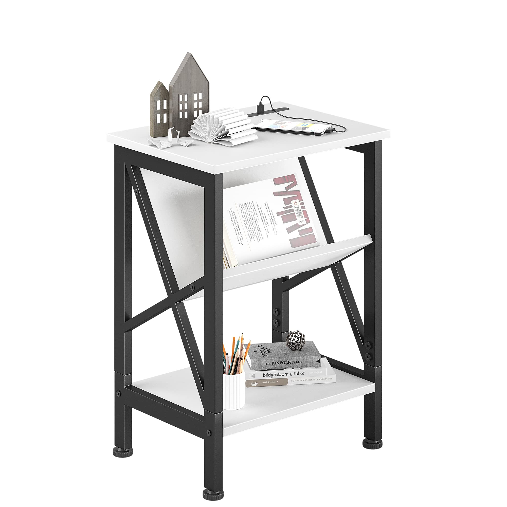 CubiCubi White Oxford End Table with Bookshelf & Dual USB Charging Ports - Modern Nightstand for Bedroom, Living Room Side Table with Metal Frame & Wooden Shelves - Perfect for Small Spaces, Reading Nooks & Home Decor