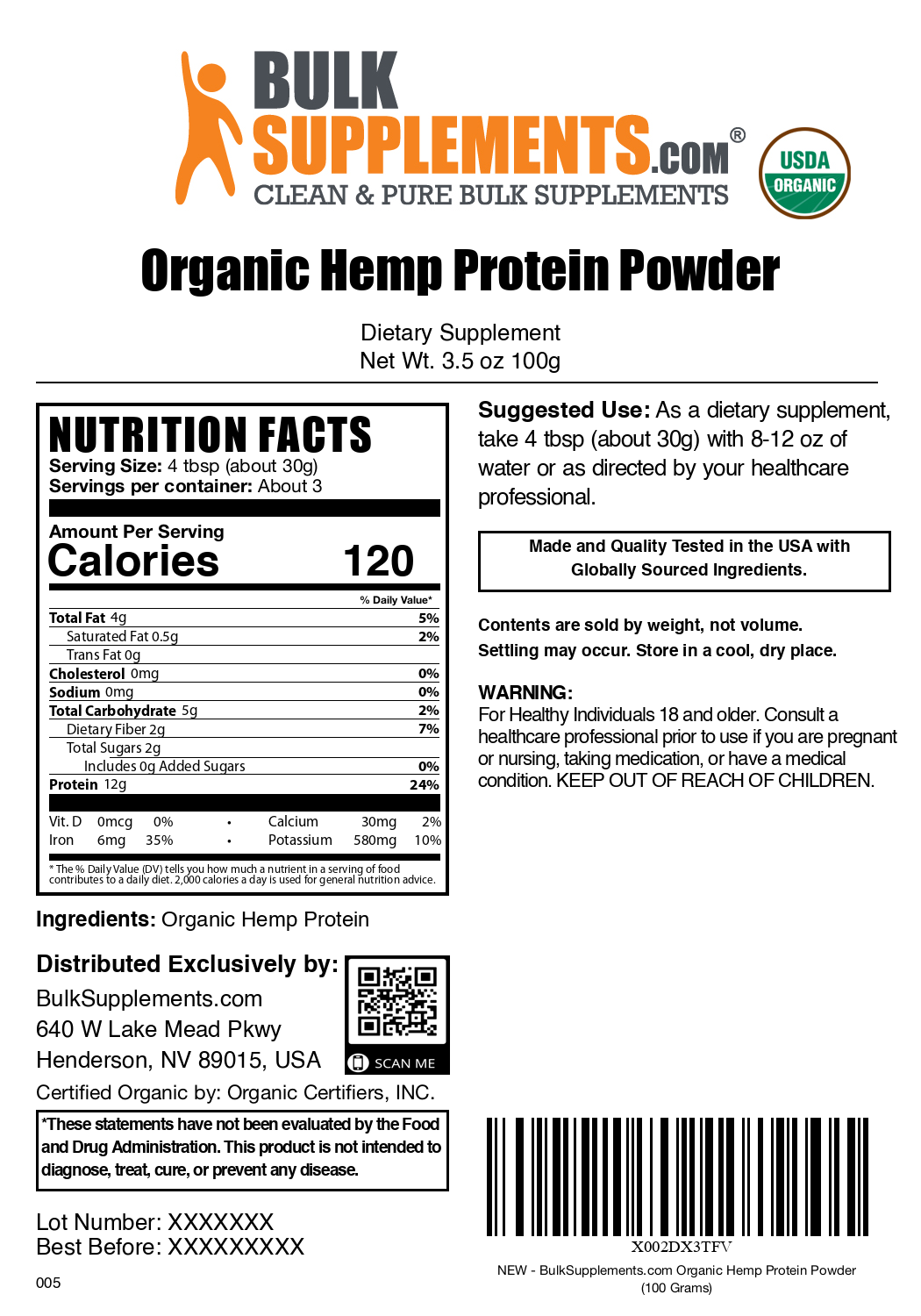 Organic Hemp Seed Protein Powder - Plant-Based Vegan Protein Supplement for Smoothies & Baking | High Fiber & Omega-3 for Muscle Recovery & Energy Boost