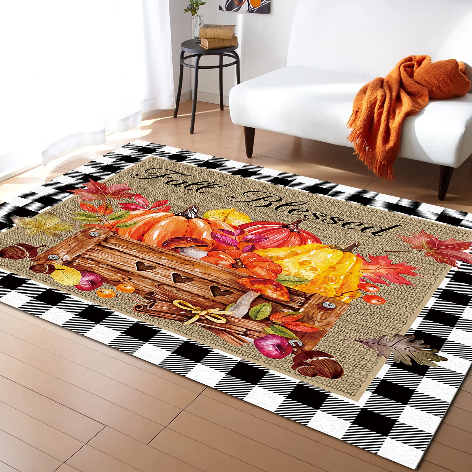 5' x 8' Non-Slip Indoor Area Rug with Fall Pumpkins & Sunflowers Design - Modern Checkered Throw Carpet for Living Room, Bedroom, Nursery - Perfect for Thanksgiving Decor & Cozy Home Accents