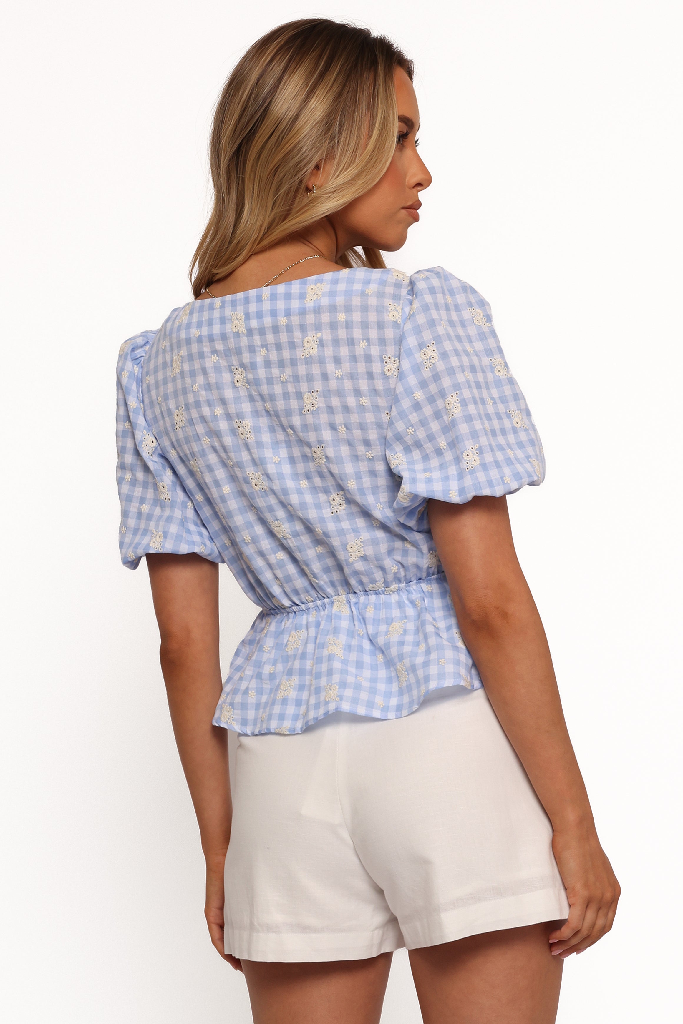 Cecelia Top - Blue Gingham Checkered Blouse for Women | Casual Summer Shirt for Outdoors, Picnics & Beach Days