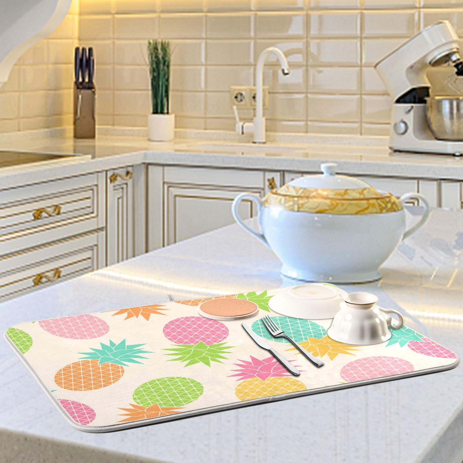Susiyo Pastel Geometric Pineapple Dish Drying Mat - Super Absorbent Microfiber Kitchen Counter Mat (16x18 Inch) | Heat-Resistant, Non-Slip & Quick-Drying | Perfect for Drying Dishes, Utensils & Cookware | Stylish Kitchen Decor for Countertops & Sinks