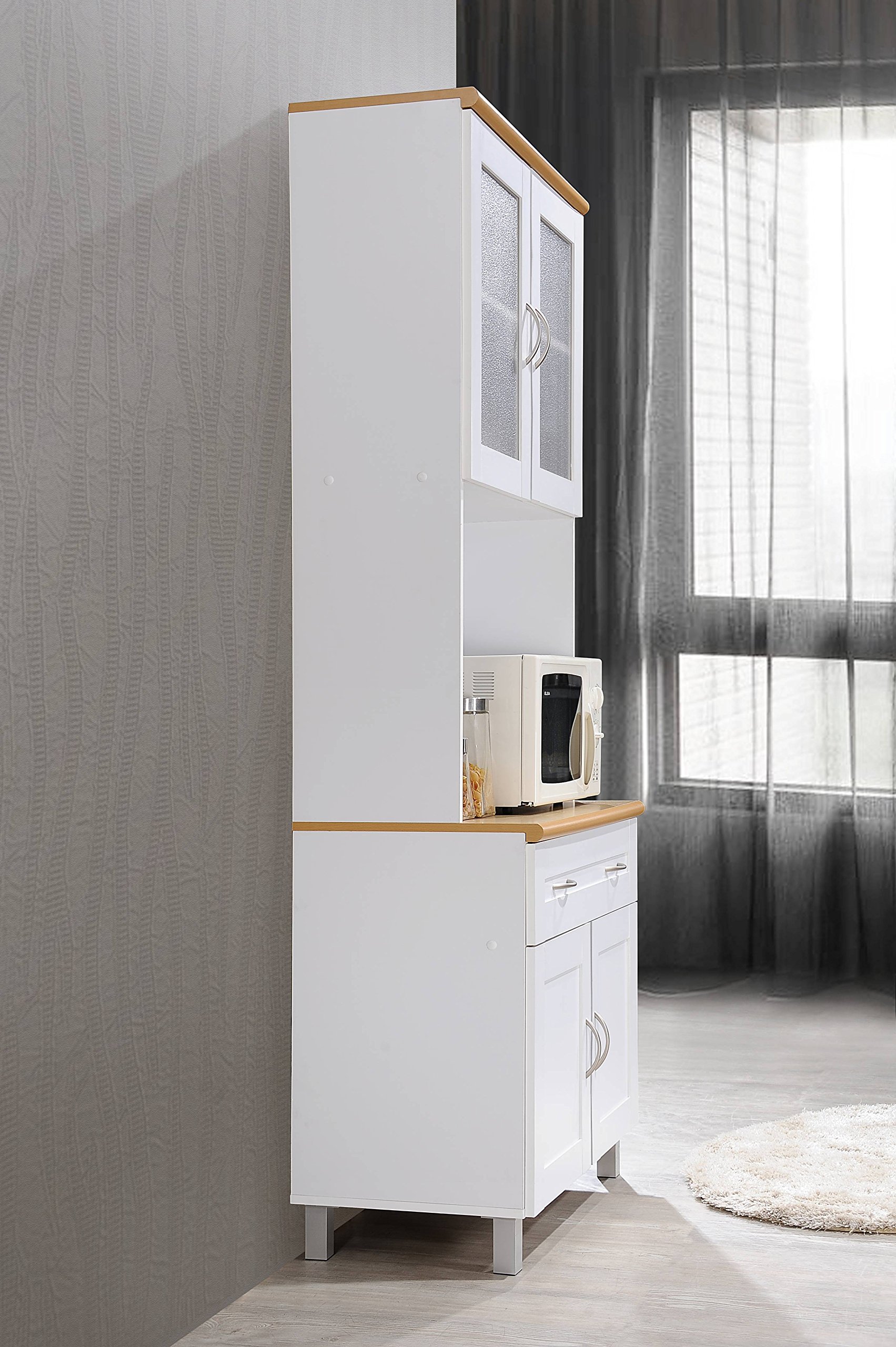 HODEDAH IMPORT White Tall Standing Kitchen Cabinet with Enclosed Top & Bottom Storage, 1 Drawer & Large Open Space for Microwave - Perfect for Small Kitchens, Apartments & Microwave Organization