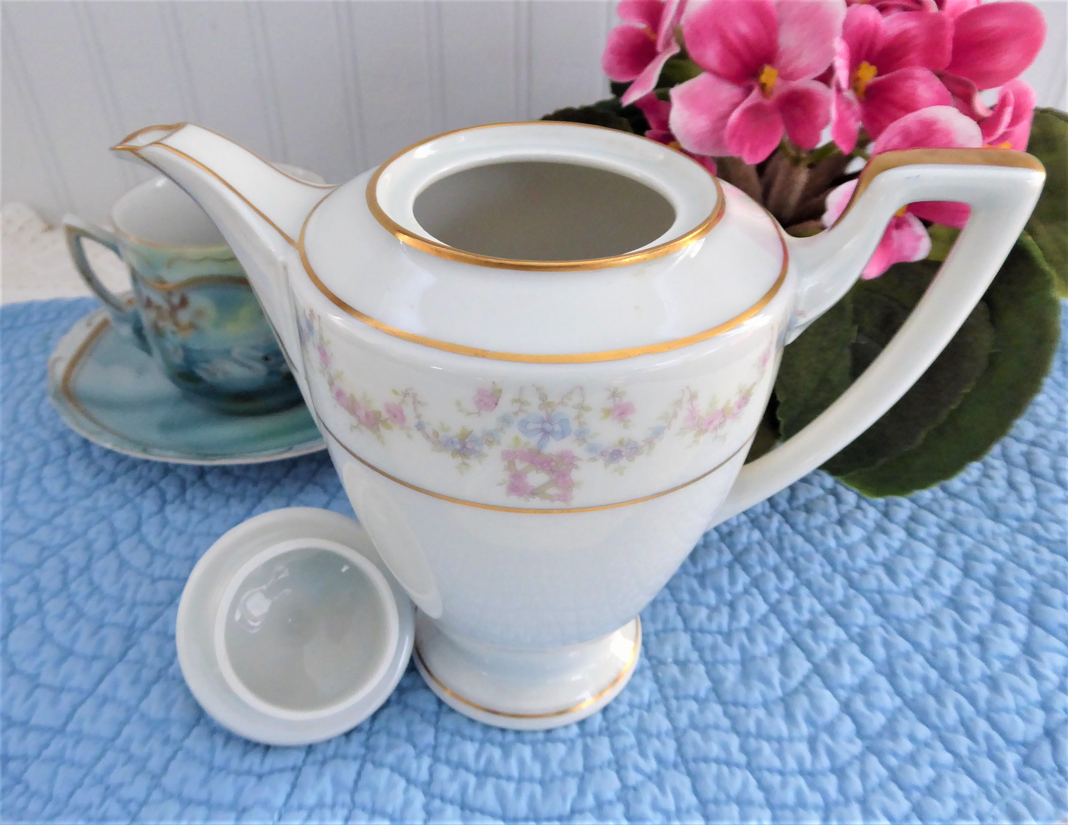 Antique Edwardian Chocolate Pot with Floral Swags & Blue Ribbon - Thomas Bavaria Porcelain Teapot - Perfect for Afternoon Tea, Victorian Tea Parties & Collectible Display
