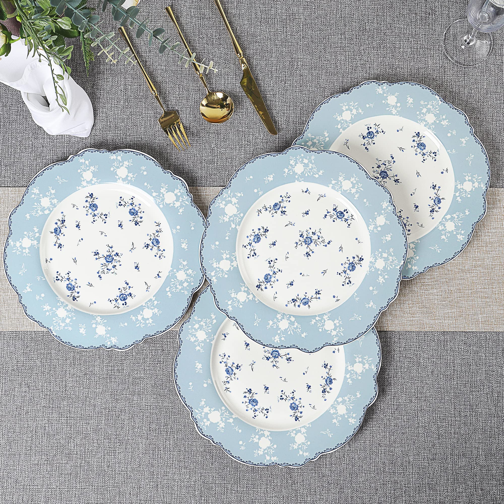 Fanquare 10 Inch Porcelain Dinner Plates Set of 4 - Elegant Blue Roses Lace Design Plates for Salad, Pasta, Soup & Dessert - Perfect for Dinner Parties, Weddings & Home Decor