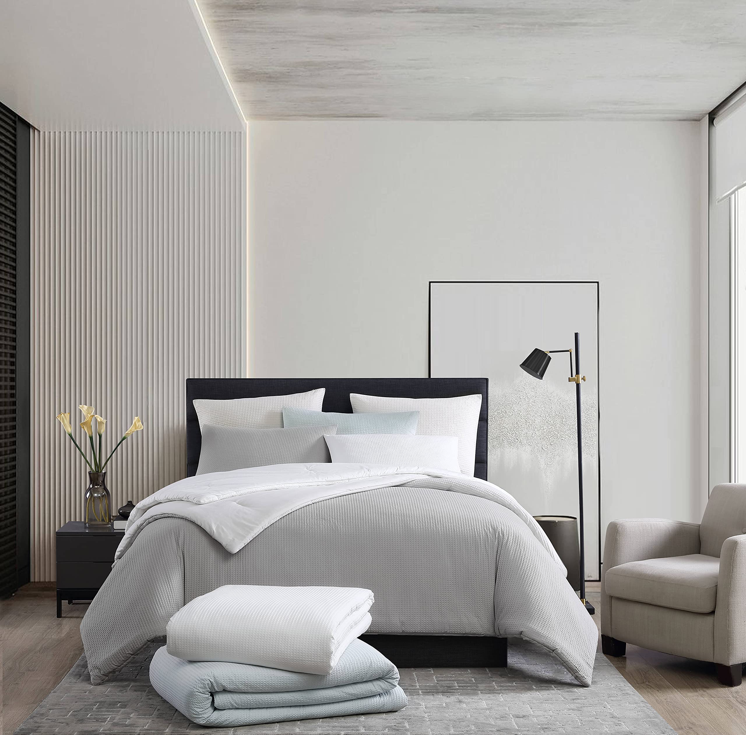 Vera Wang King Duvet Cover Set - Soft 100% Cotton Bedding Set with Matching Shams, Button Closure, Waffle Pique White - Luxury Bedroom Essentials for Master Suite, Hotel-Style Comfort, Wedding Registry Gift