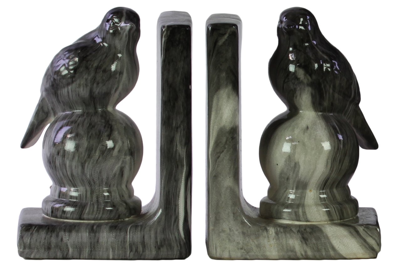 Ceramic Bird Figurine Bookends - Handcrafted Perching Birds on Marbleized Ball Pedestal, Glossy Black & Cream Finish - Perfect for Bookshelves, Home Office Decor and Gift Giving