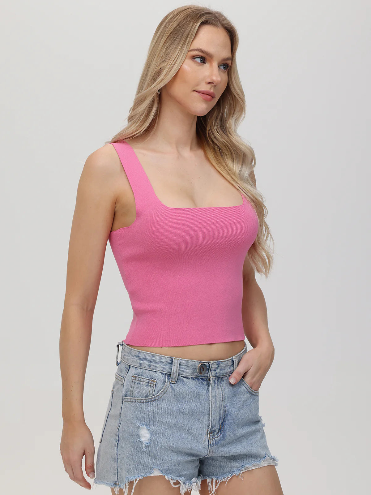Eva Square Neck Tank Top for Women - Stretchy Comfort Fit Sleeveless Shirt in Shocking Pink | Casual Wear, Summer Outfits, Gym & Yoga