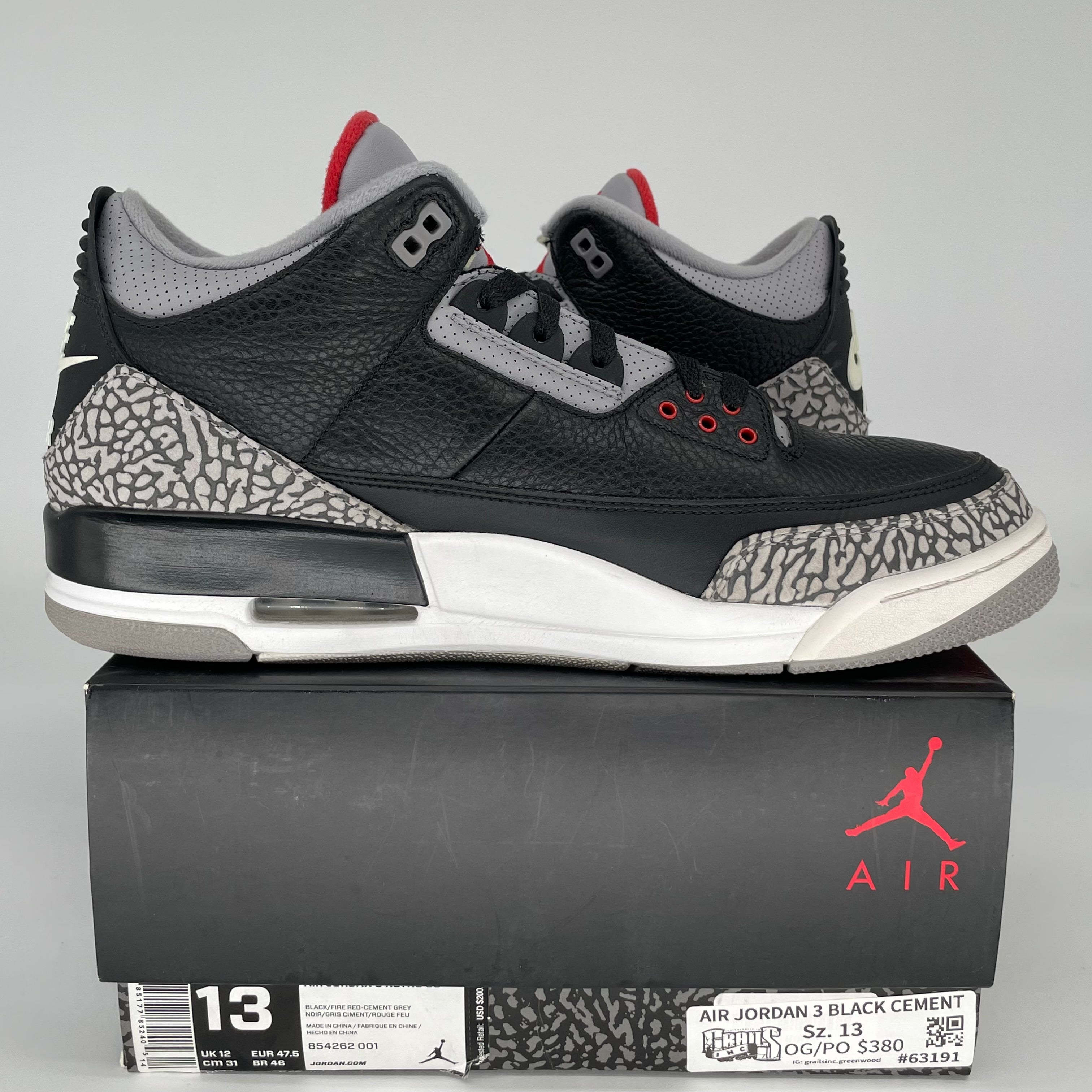 Original Air Jordan 3 Retro 'Black Cement' Men's Basketball Shoes Size 13 (854262-001) - Classic Sneakers for Streetwear & Basketball Performance