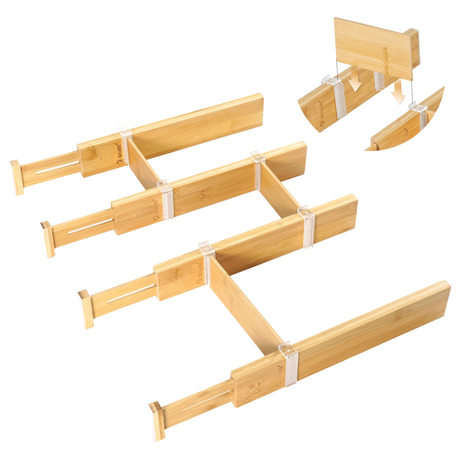 AISHIY Adjustable Bamboo Drawer Organizer - Expandable Kitchen Utensil & Bathroom Storage System with 4 Dividers, 6 Inserts & 10 Clips (13-17 Inch) | Perfect for Kitchen Drawers, Dressers & Bathroom Organization