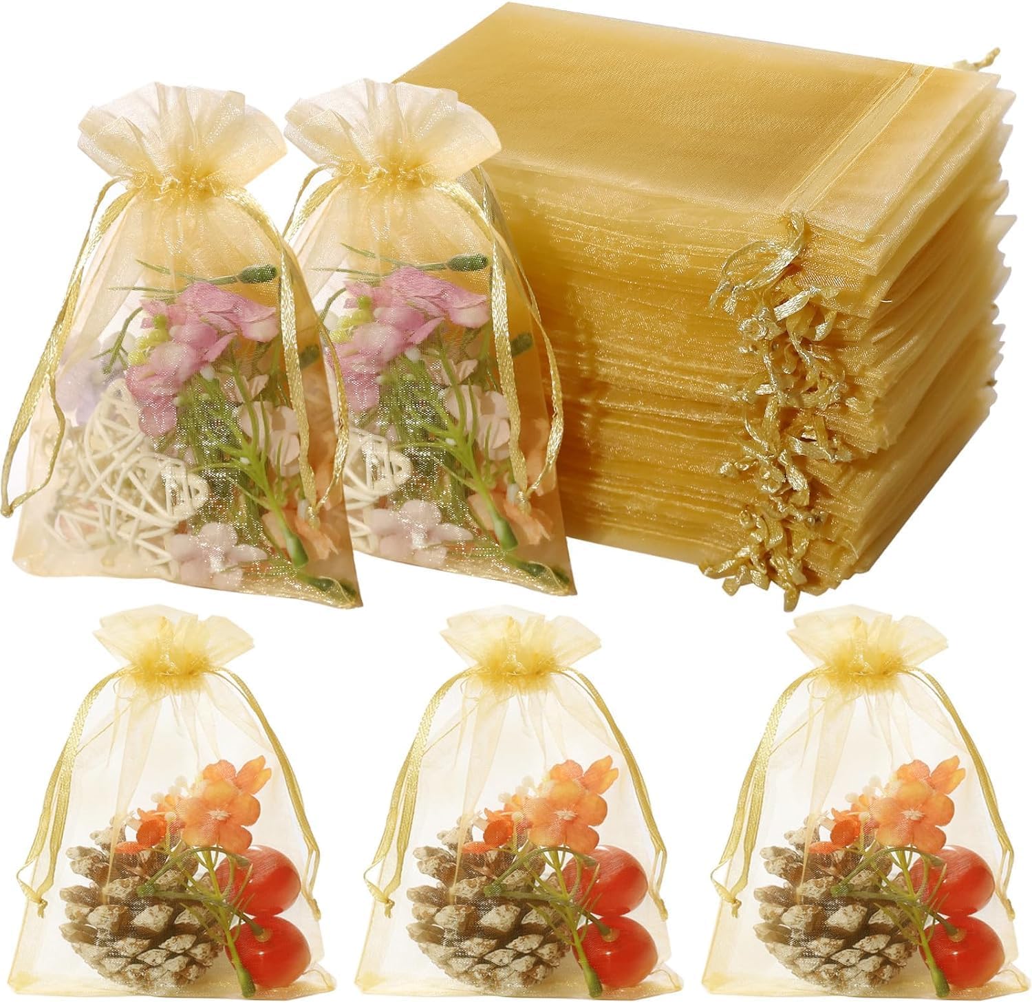 DMS RETAIL 10-Pack Golden Organza Bags 16x23cm - Wedding Party Favors, Jewelry Pouch, Dry Fruit & Candy Bags, Shagun Potli for Gifts - Perfect for Bridal Showers, Birthday Parties & Festive Celebrations