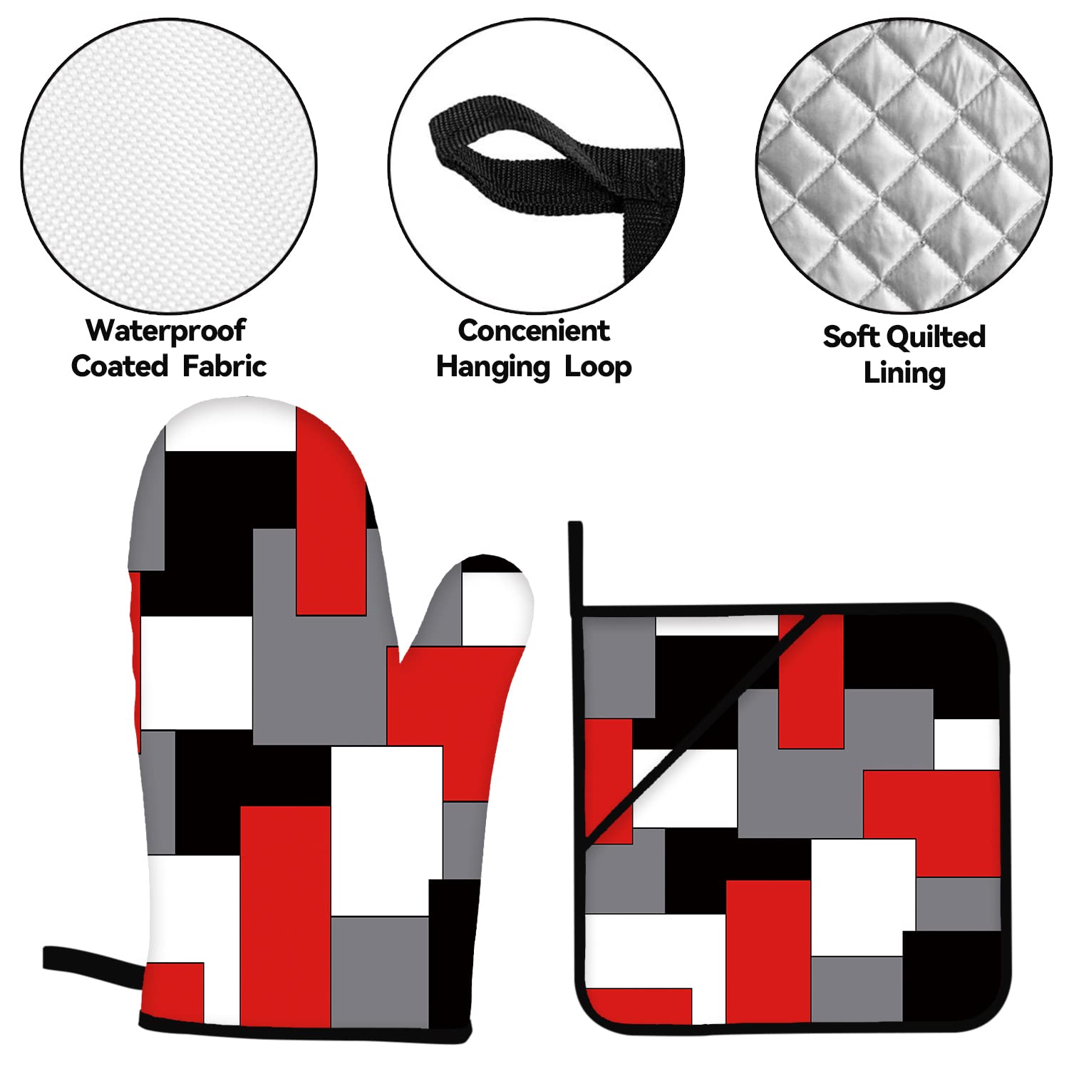 Heat Resistant Oven Mitts and Pot Holders Set of 4 - Red Black Grey White Geometric Design for Kitchen Baking, Cooking, Grilling - Perfect for BBQ, Baking Cookies, Handling Hot Pots & Pans