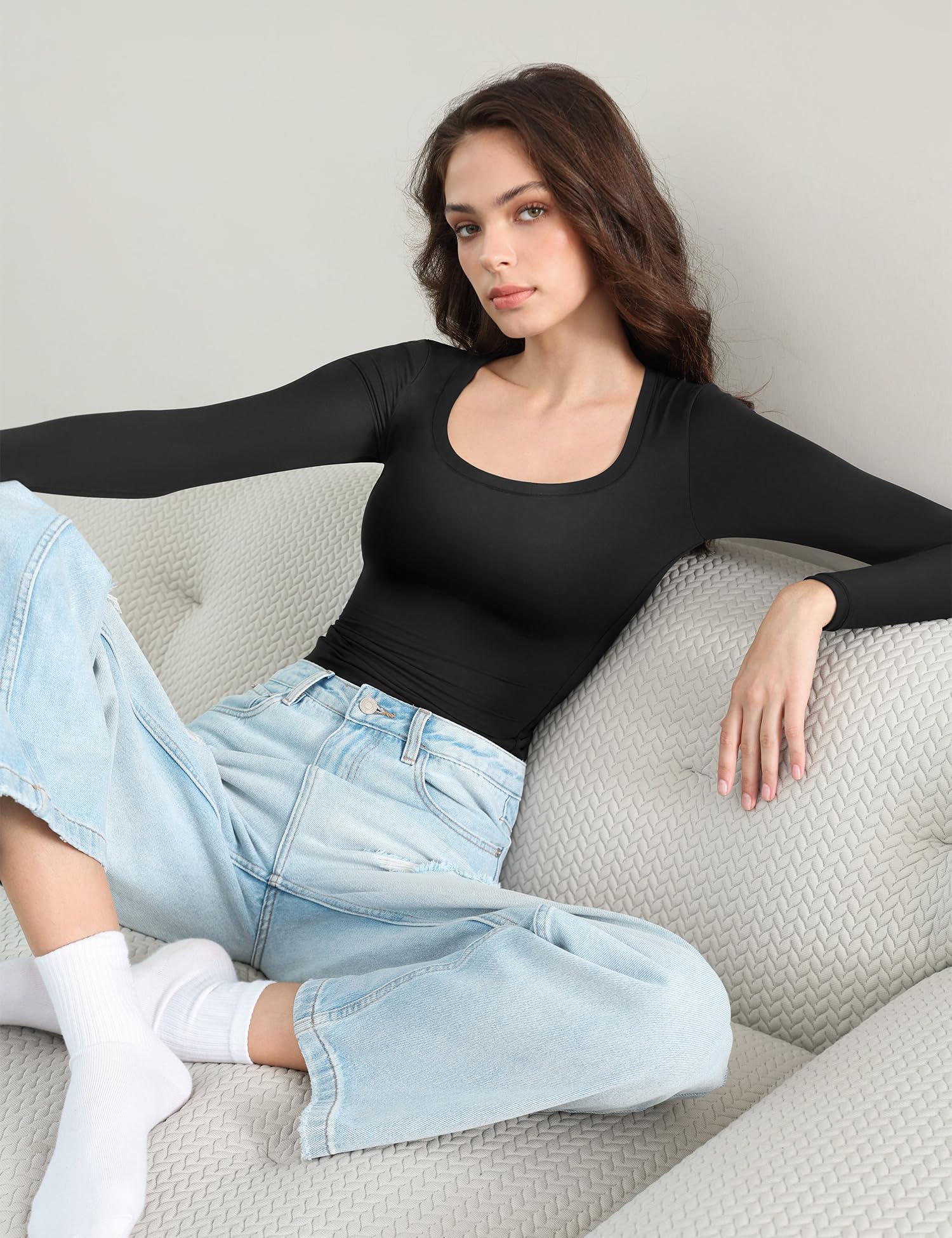 PUMIEY Women's Long Sleeve T-Shirt - Slim Fit Scoop Neck Basic Tee, Double Lined Soft Cotton Top for Casual Wear, Work & Date Night (Smoke Cloud Collection)