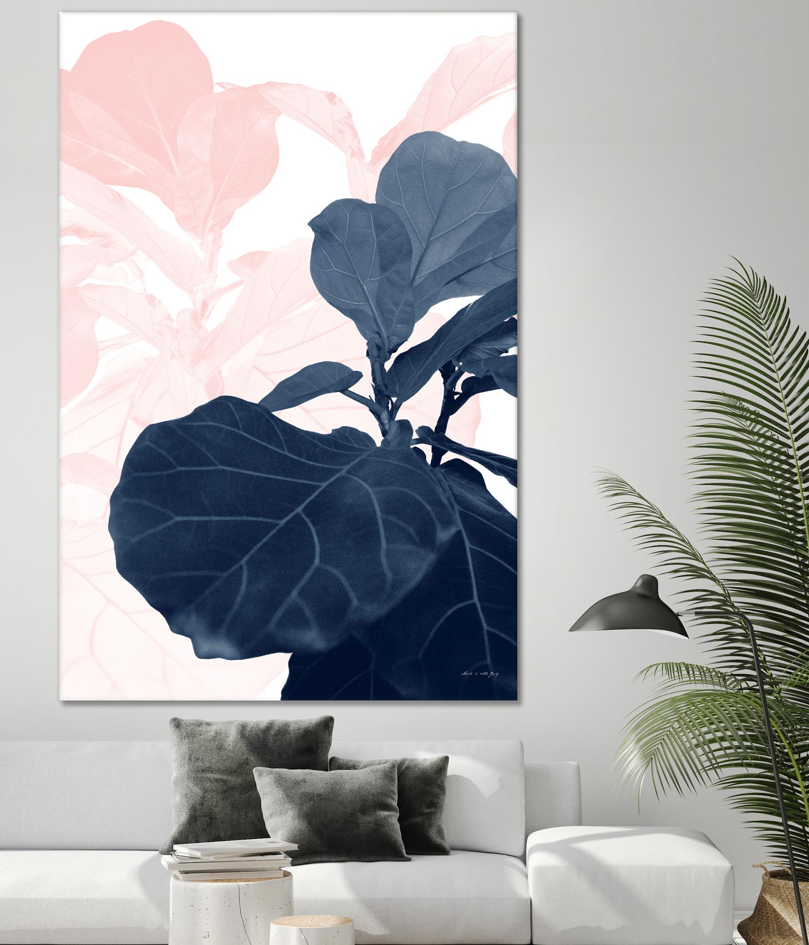 Blush Blue Fiddle Leaf Dream Tropical Wall Art - Modern Botanical Decor for Living Room, Bedroom & Office