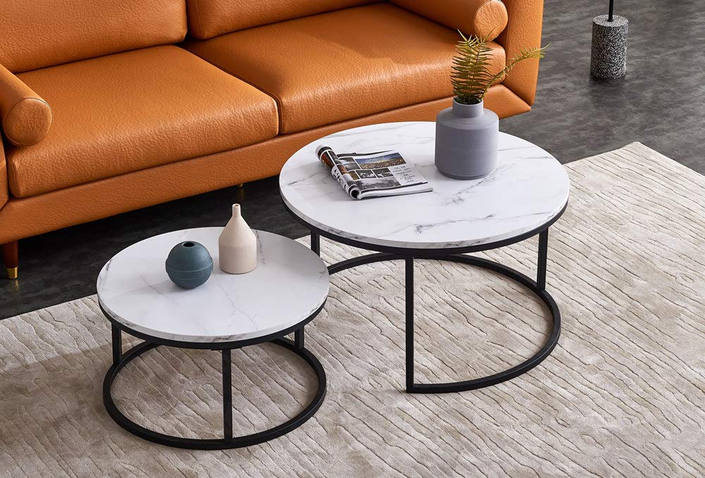 Modern Round Nesting Coffee Table Set of 2 - Metal Frame & Wood Tabletop Accent Side Tables for Living Room - White/Black - Perfect for Small Spaces, Sofa Side & Coffee Table Use