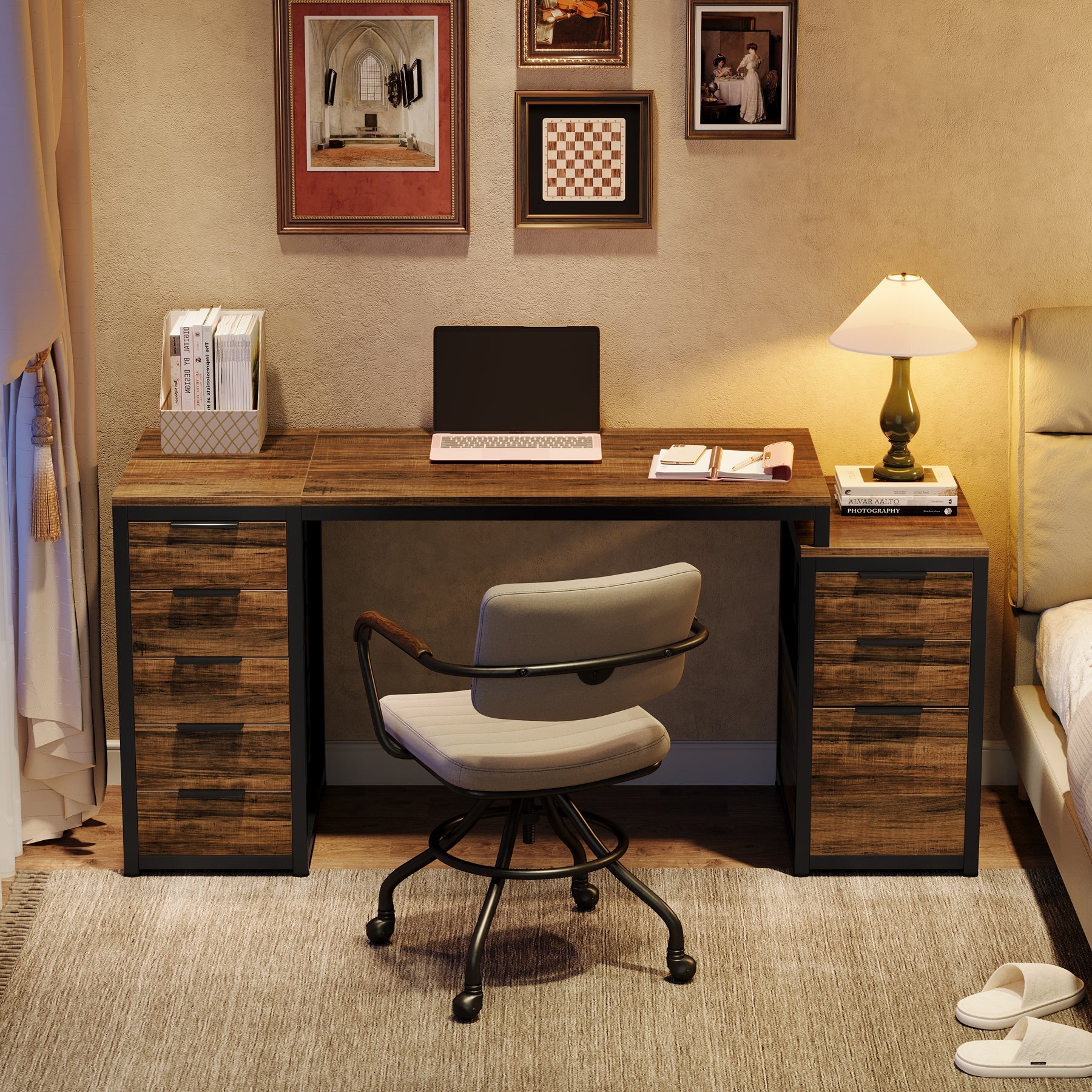 63 Inch Computer Desk with File Cabinet & Storage Drawers - Home Office Writing Study Table for Work, Gaming & Remote Learning