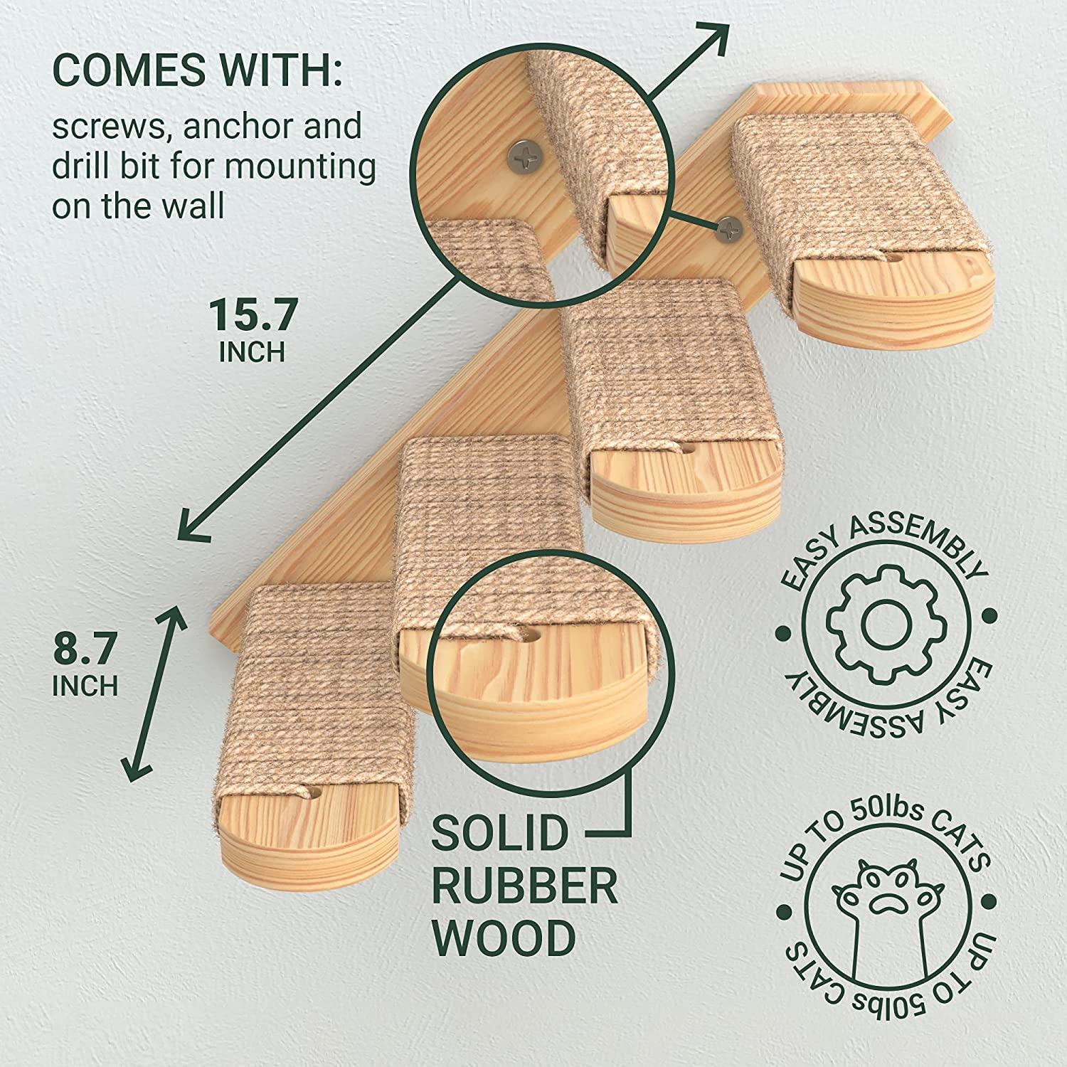 Skywin Solid Rubber Wood Cat Steps & Wall Mounted Shelves - Durable Scratching & Climbing Stairs for Playful Cats - Easy Install Cat Furniture for Indoor Play & Rest (Natural Wood)