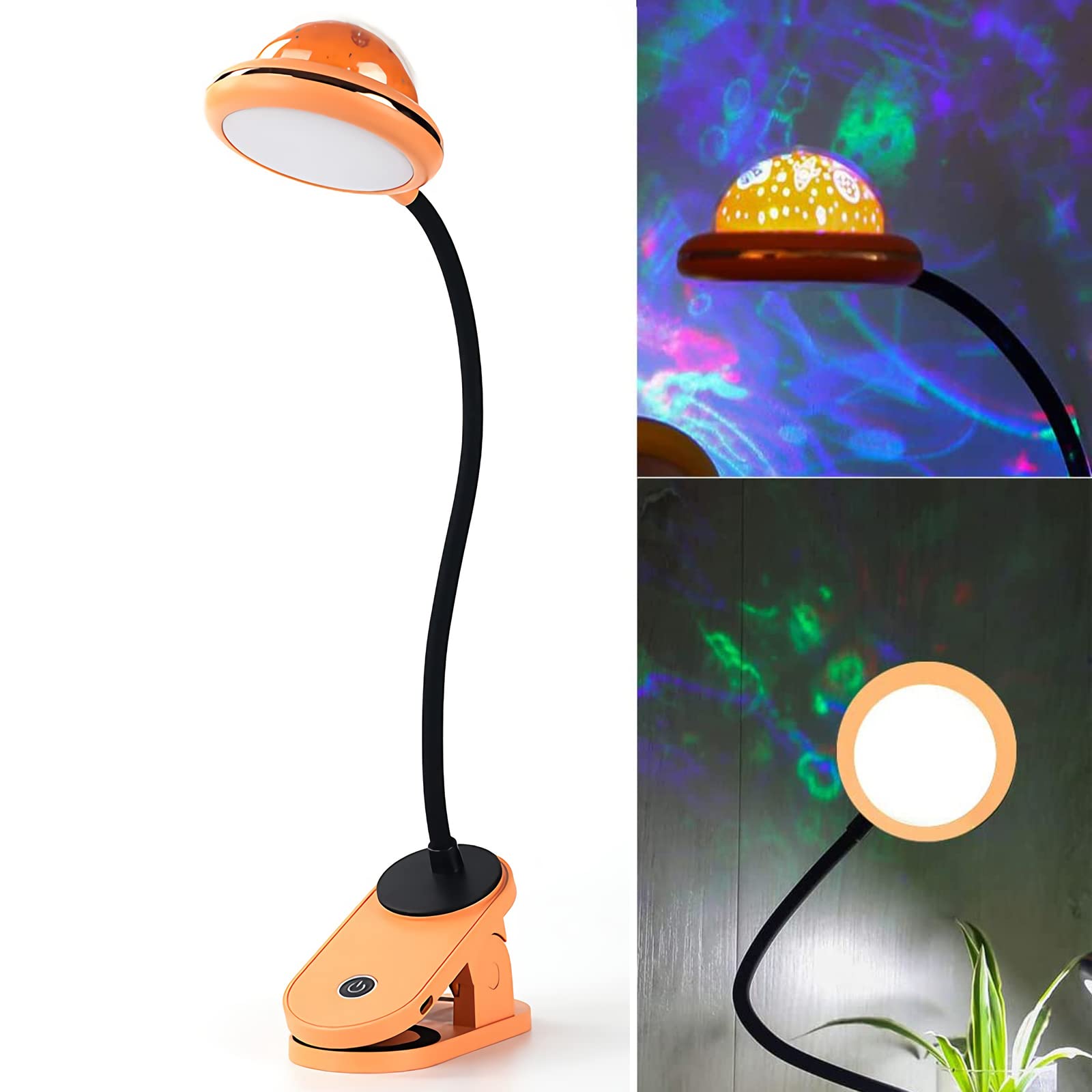 Dimmable LED Book Light with Mini Projector - 2W USB Rechargeable Reading Lamp for Kids & Adults - 6000K Cool White Touch Control Night Light for Bedroom, Living Room, Study - Perfect for Reading in Bed, Travel, Camping (Orange)
