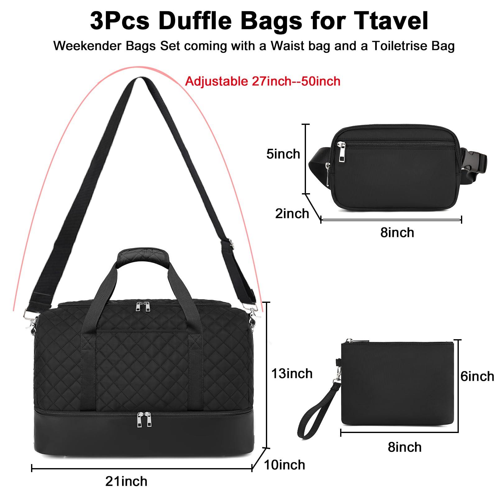 42L Travel Weekender Duffle Bag Set with Shoe Compartment - 3-Piece Carry On Luggage for Women & Men (Black Quilted) | Gym, Airplane Trip, Overnight Stay | Includes Fanny Pack & Makeup Bag