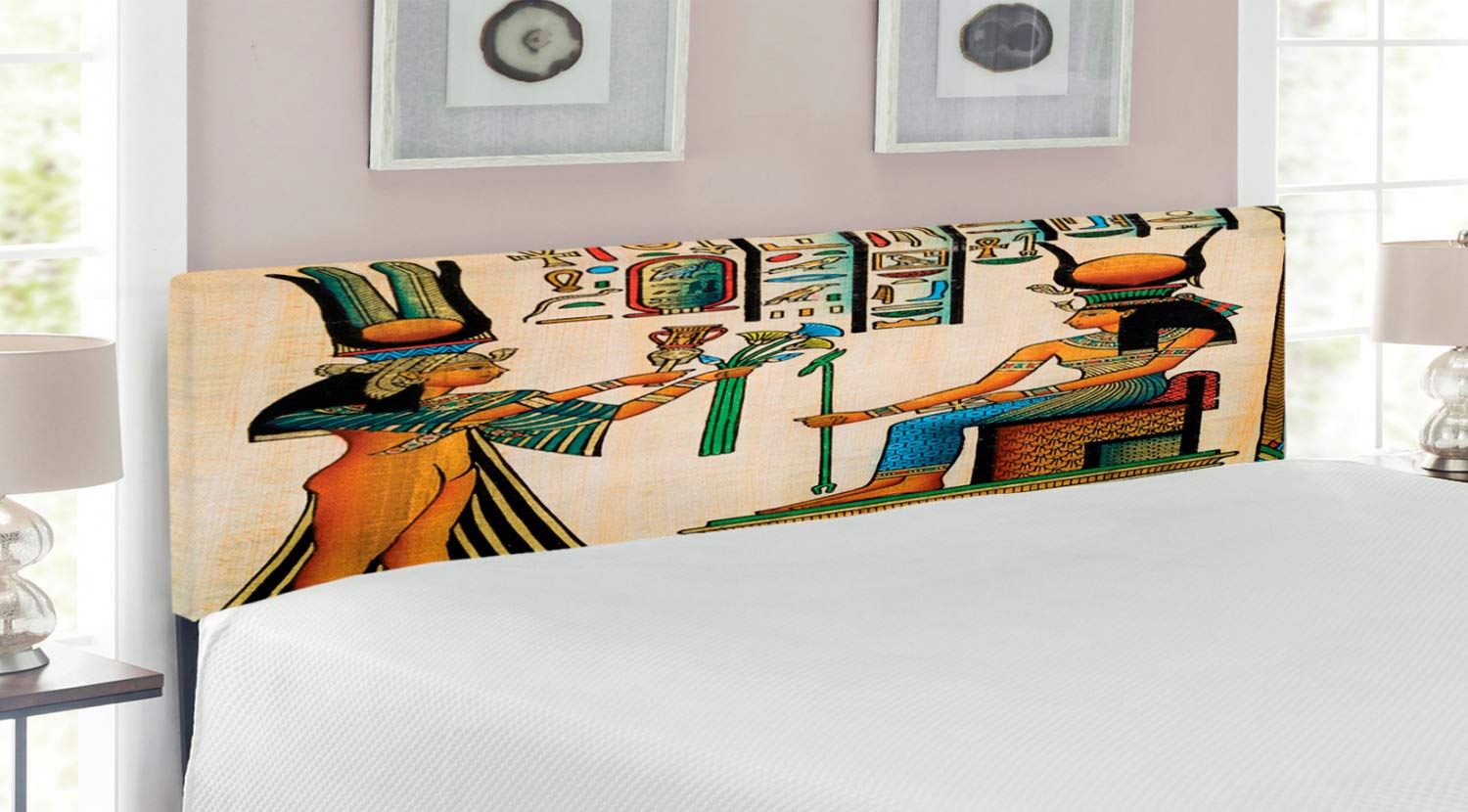 Ambesonne Egyptian Print King Size Headboard - Vintage Papyrus Queen Nefertari Historical Art Upholstered Metal Bed Frame with Memory Foam, Multicolor | Perfect for Bedroom Decor, Themed Rooms & Ancient Egypt Lovers