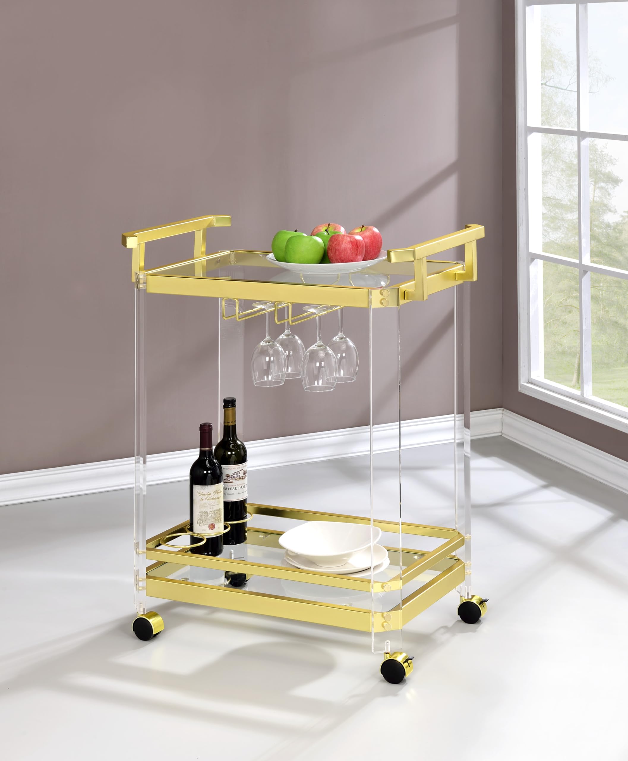 Steve Silver Aerin Acrylic & Tempered Glass Server Cart with Gold Chrome Finish - 3-Wine Bottle Storage, Stemware & Bottle Holder - Elegant Bar Cart for Dining Room, Home Bar or Kitchen (17