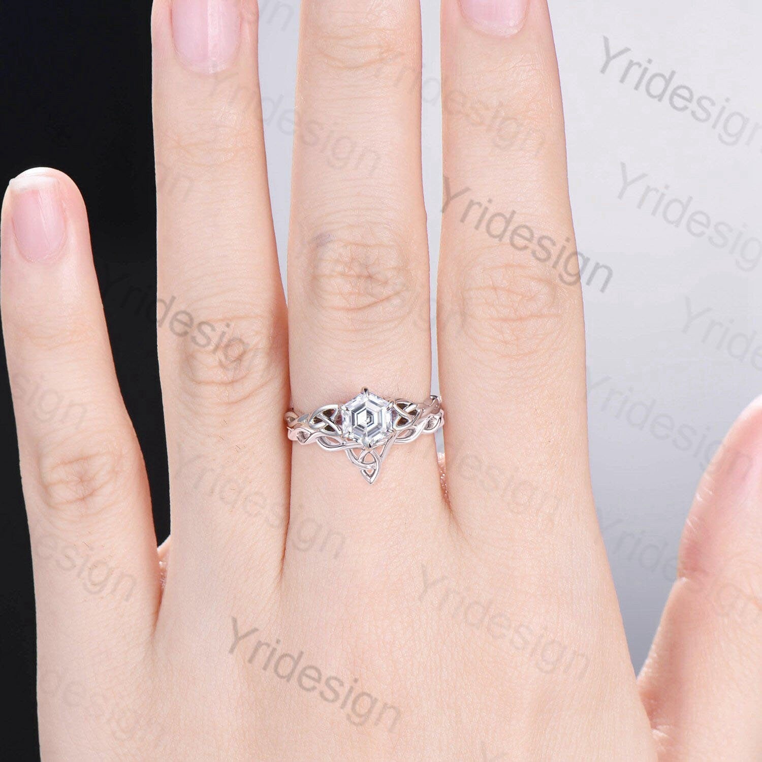 Viking Hexagon Moissanite Ring Set - Celtic Love Knot Engagement Ring in White Gold, Unique Twisted Wedding Band for Women - Perfect for Norse-Themed Weddings, Anniversary Gifts & Celtic Jewelry Lovers
