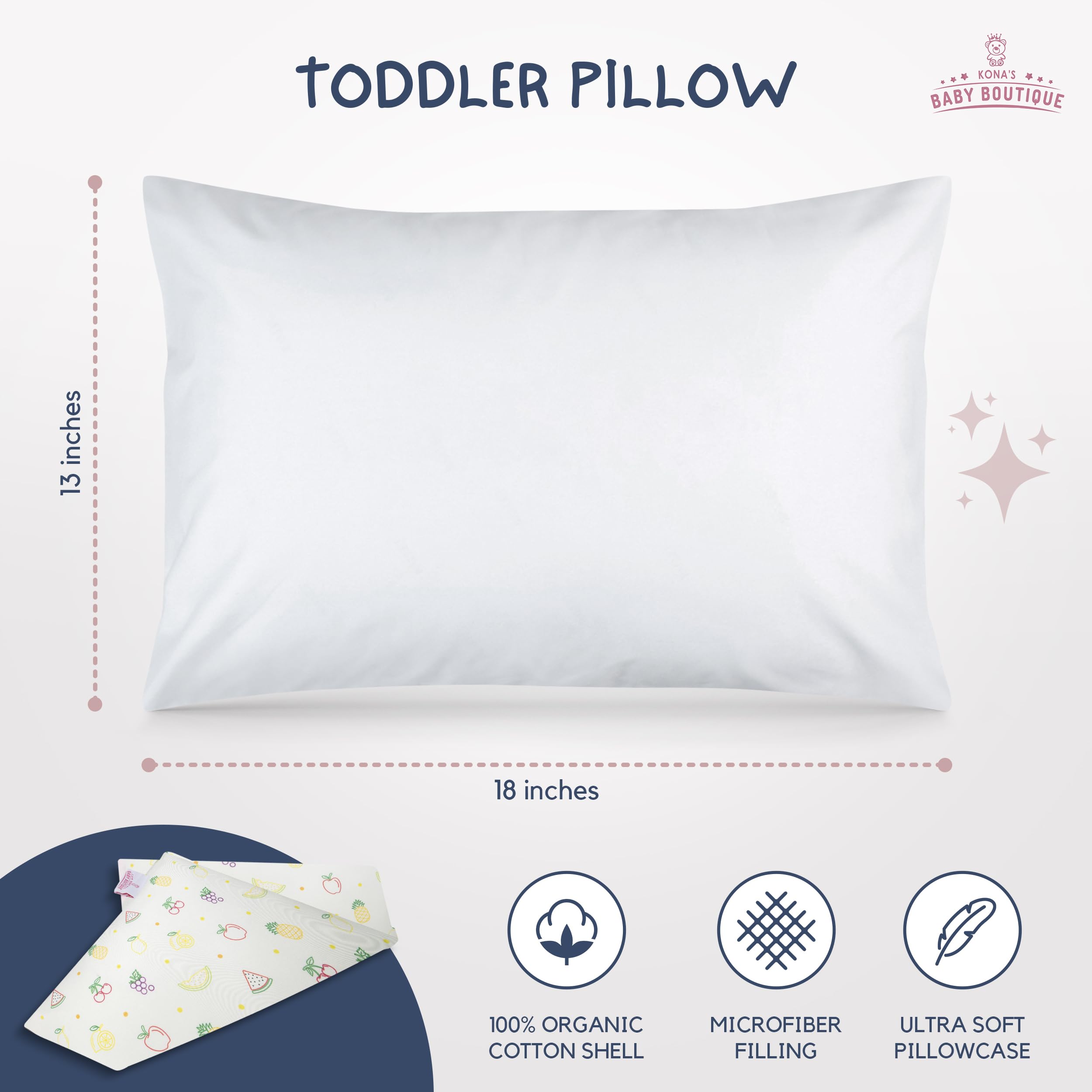 **Kona's Softest Toddler Pillow for 2-3 Year Olds - 13 x 18 Inch Yellow Fruits Design - Perfect for Naptime, Travel & Daycare**