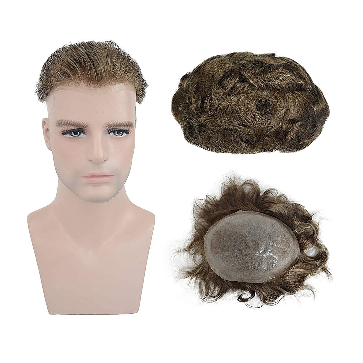 Men's Human Hair Toupee - 0.03mm Thin Skin V-Loop Hair Replacement System with PU Base (8×10 Inch, Light Blonde #7) - Natural Looking Hairpiece for Thinning Hair & Baldness Cover - Perfect for Daily Wear, Work & Social Events
