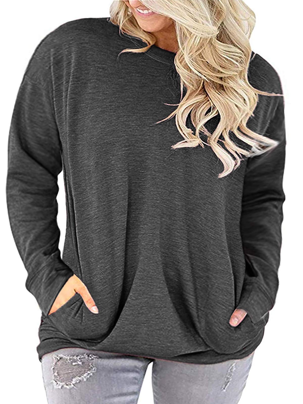 LANREMON Women's Plus Size Casual Short Sleeve Tunic Top with Pockets - Round Neck Loose Fit Shirt for Work, Travel & Everyday Wear