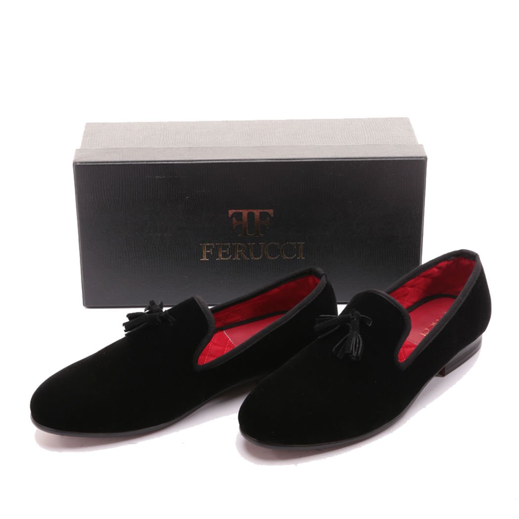 FERUCCI Men's Handmade Black Velvet Smoking Slippers - Tassel Loafers for Formal Wear & Home Comfort | Wedding, Party & Lounge Shoes