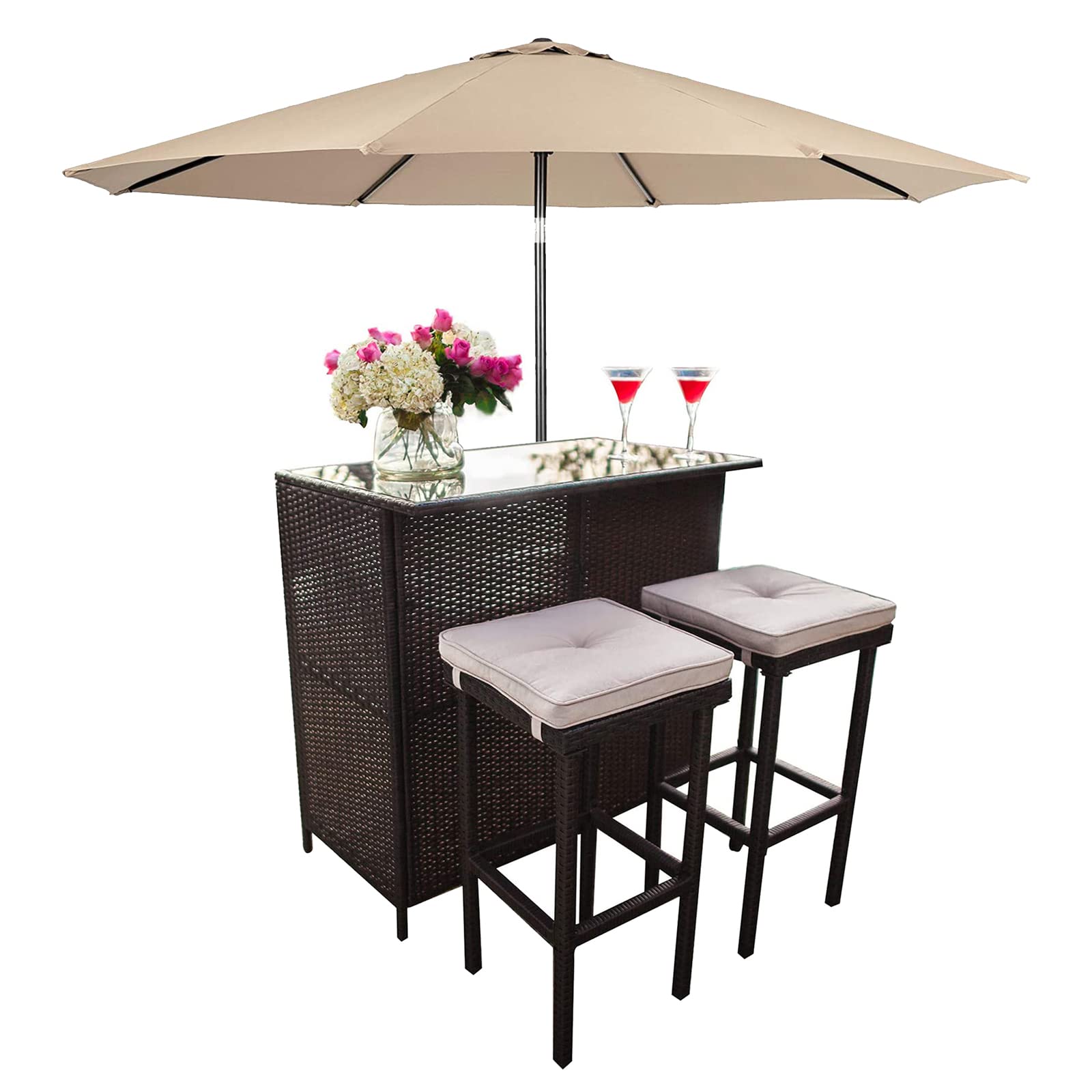 SUNCROWN 3-Piece Outdoor Bar Set - Rattan Wicker Patio Furniture with Glass Table, 2 Stools & Cushions + 9 FT Umbrella - Perfect for Backyard, Garden, Poolside & Outdoor Entertaining (Brown)