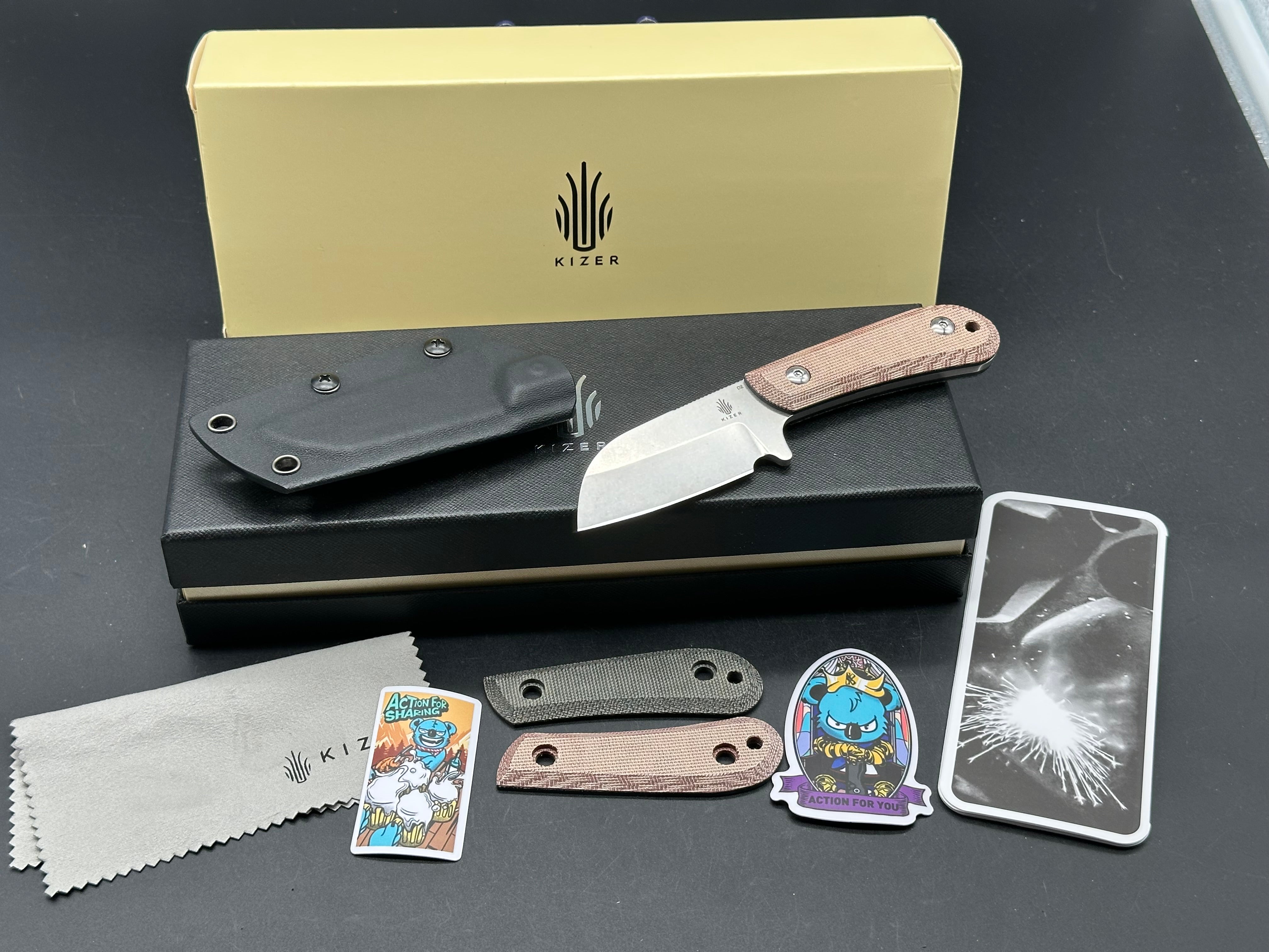 KIZER DECKHAND Fixed Blade Knife - Black G10/Micarta Handle, D2 Steel Plain Edge with Stonewash Finish - Outdoor Camping, Hunting & Survival Tool