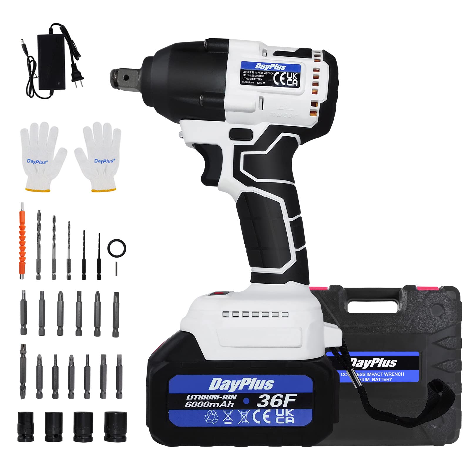 Powerful 1/2 Inch Cordless Impact Wrench & Drill Combo - 420Nm Brushless Motor, 6.0Ah Li-ion Battery with Fast Charger - Includes Sockets & Drill Bits - Ideal for Automotive Repair, Construction & DIY Projects