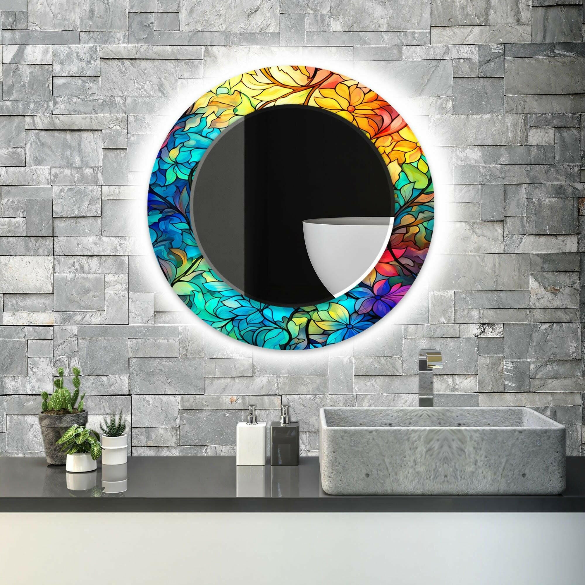 Blue & Orange Stained Glass Wall Mirror with Leaf Design - Elegant Home Decor for Living Room, Bedroom, or Entryway