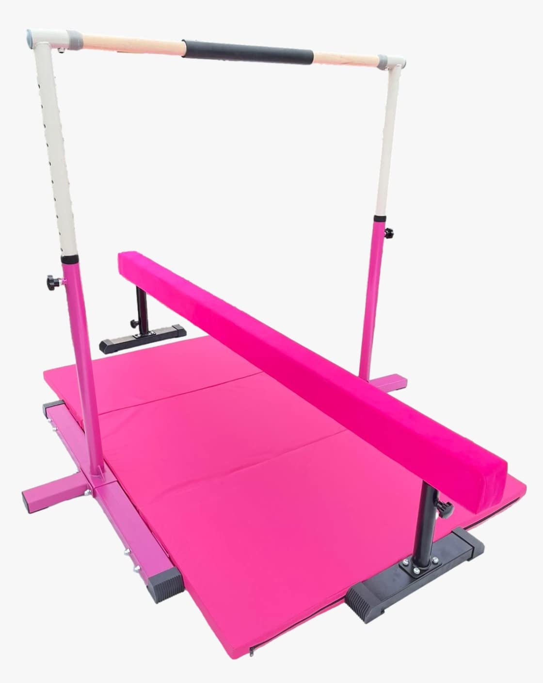 **Adjustable Kids Gymnastics Bar 3-in-1 Set with Balance Tube & 6'x4' Tumble Mat – Expandable Height 3-5 FT, Horizontal & Asymmetric Bar for Junior Gymnasts – Perfect for Home Training, Playrooms & Backyard Practice (Pink)**