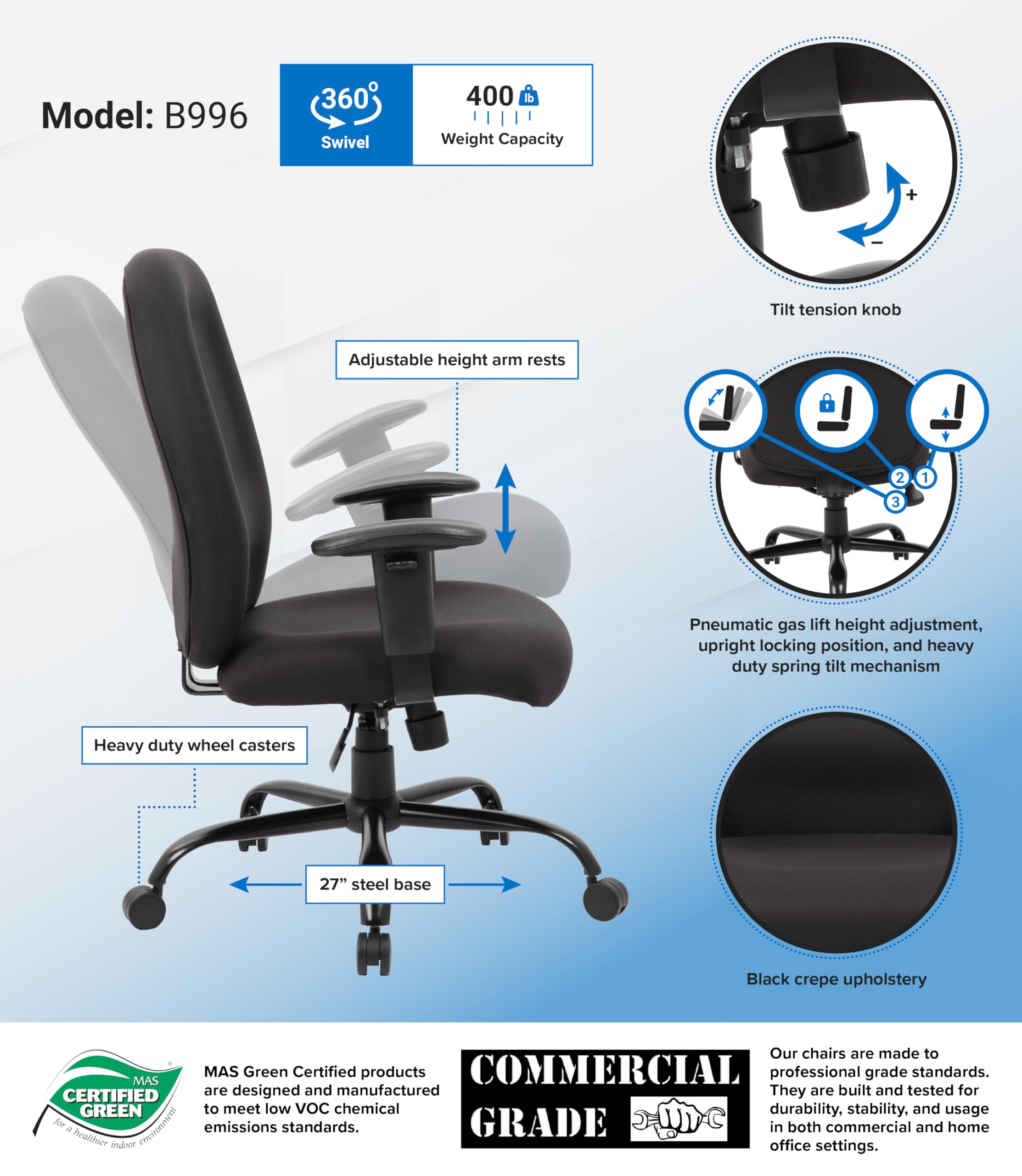 Boss Office Products Heavy Duty Task Chair - Ergonomic Adjustable Office Chair with Lumbar Support, Black - Perfect for Home Office, Gaming, and Professional Workspaces