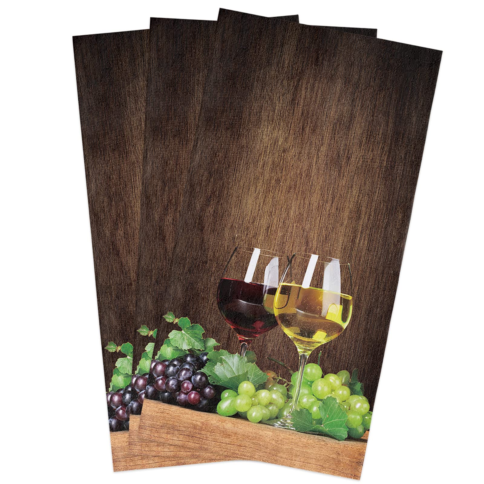 Premium 3-Pack Farmhouse Style Wine Glasses & Kitchen Towels Set - 18x28 Inches Absorbent Soft Cotton Dish Cloths, Bar Towels & Tea Towels for Red Wine, Grape & Fruit Decor - Perfect for Kitchen, Dining & Hosting Parties