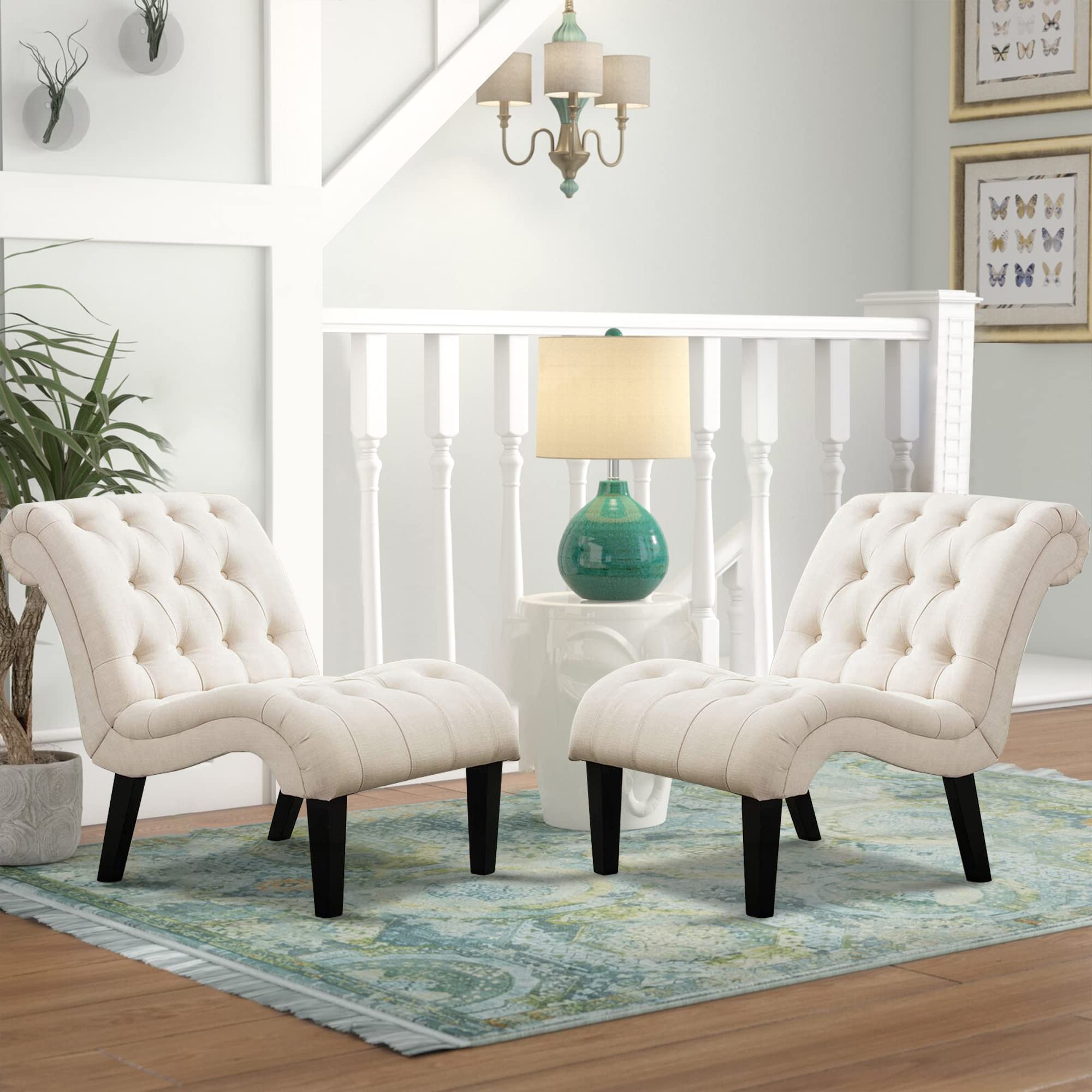 Yongqiang Set of 2 Upholstered Tufted Accent Chairs with Wood Legs & Linen Fabric - Modern Armless Side Chairs for Living Room, Bedroom, or Office Decor