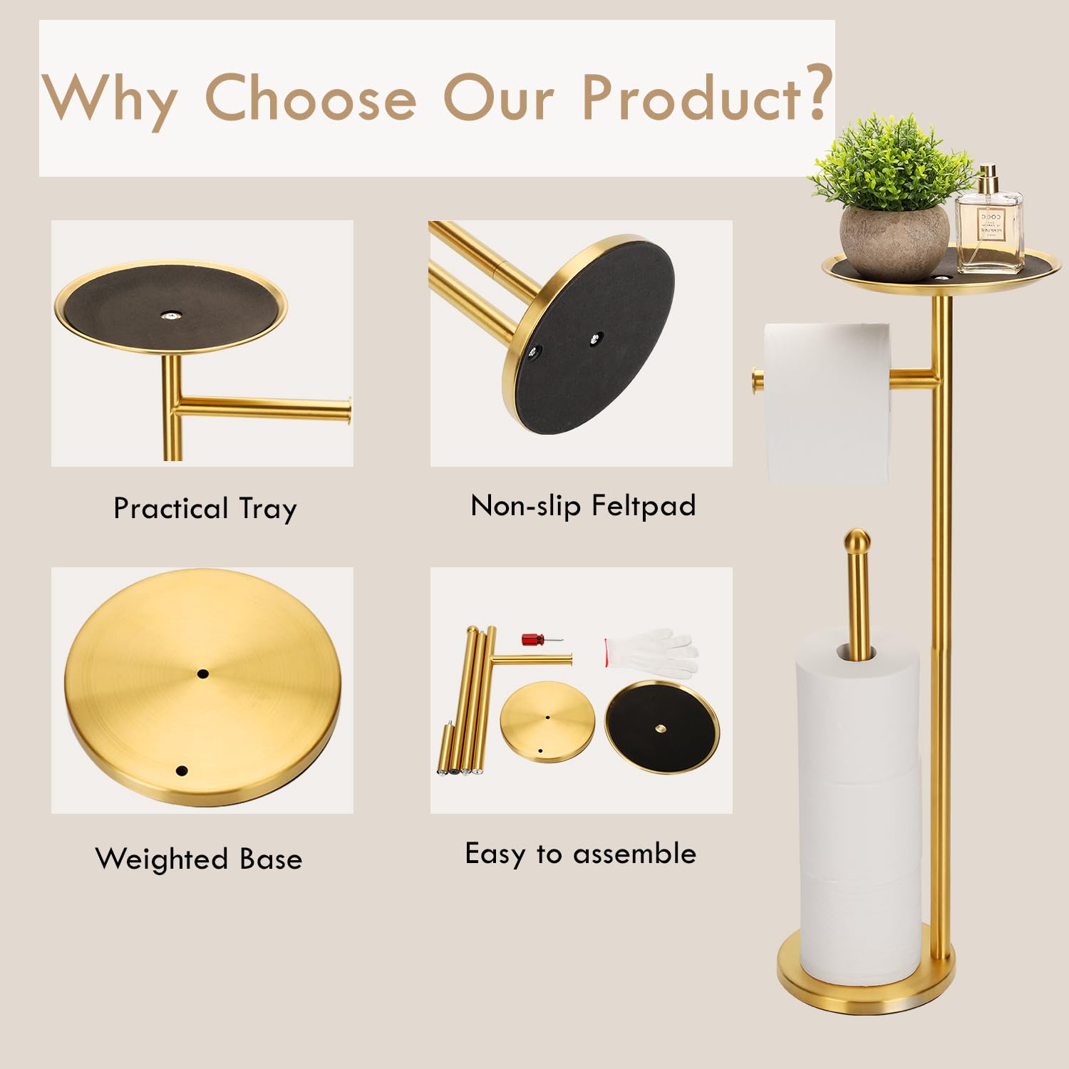 Freestanding Toilet Paper Holder with Large Shelf - Modern 4 Roll Reserve Stand with Storage Space for Phones (Gold) | Bathroom Organizer for Home & Office Use