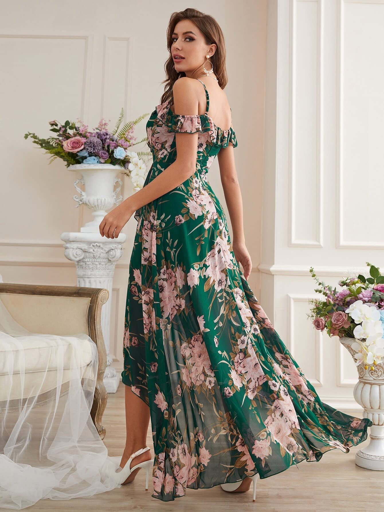 Claiyi Women's Sleeveless Floral Summer Dress - Cold Shoulder High Low Hem Casual Beach Dress for Vacation, Party & Outdoor Activities