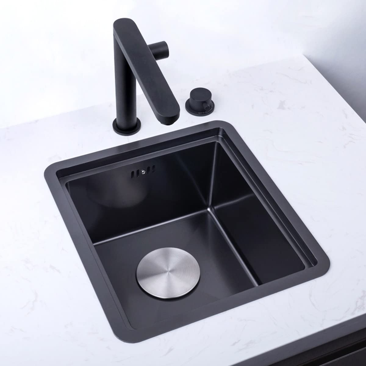 Premium 35x39cm Black 304 Stainless Steel Kitchen Sink with Drain Cover - Single Bowl Bar Counter Sink for Tea Bars, Small Kitchens & Open Concept Spaces (Includes Faucet) - Durable & Stylish for Modern Homes